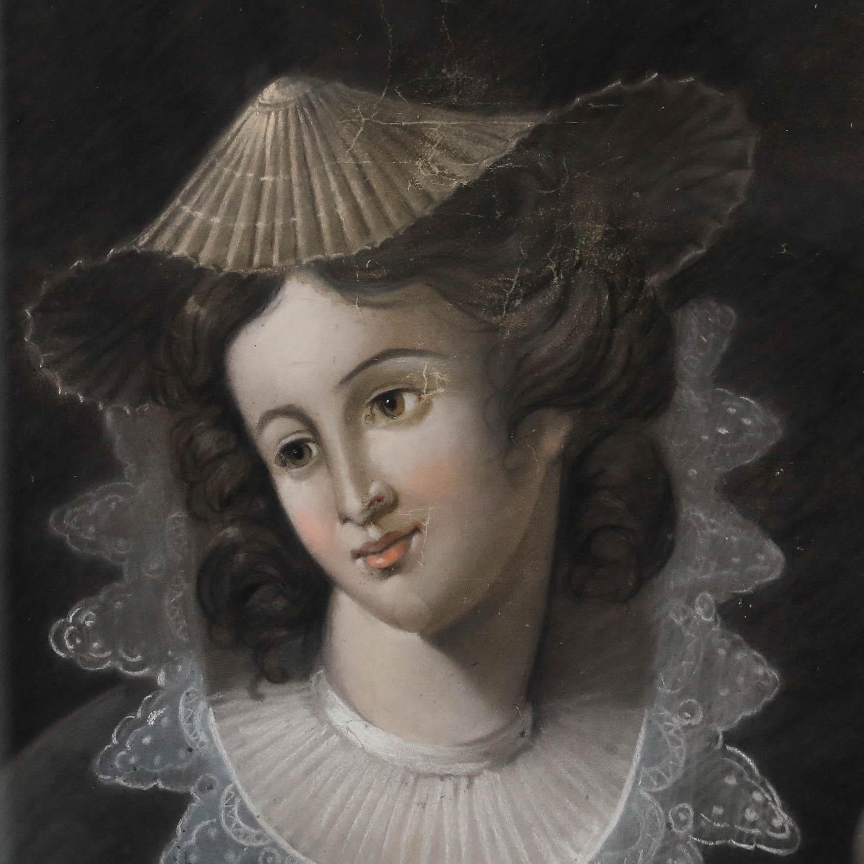 Retrato en pastel suave de una dama con gola de encaje y tocado de atuendo. Bien presentado en un marco de madera oscura. Sin firmar. Sobre el papel. Tamaño de la imagen: 60 x 49,5 cm.