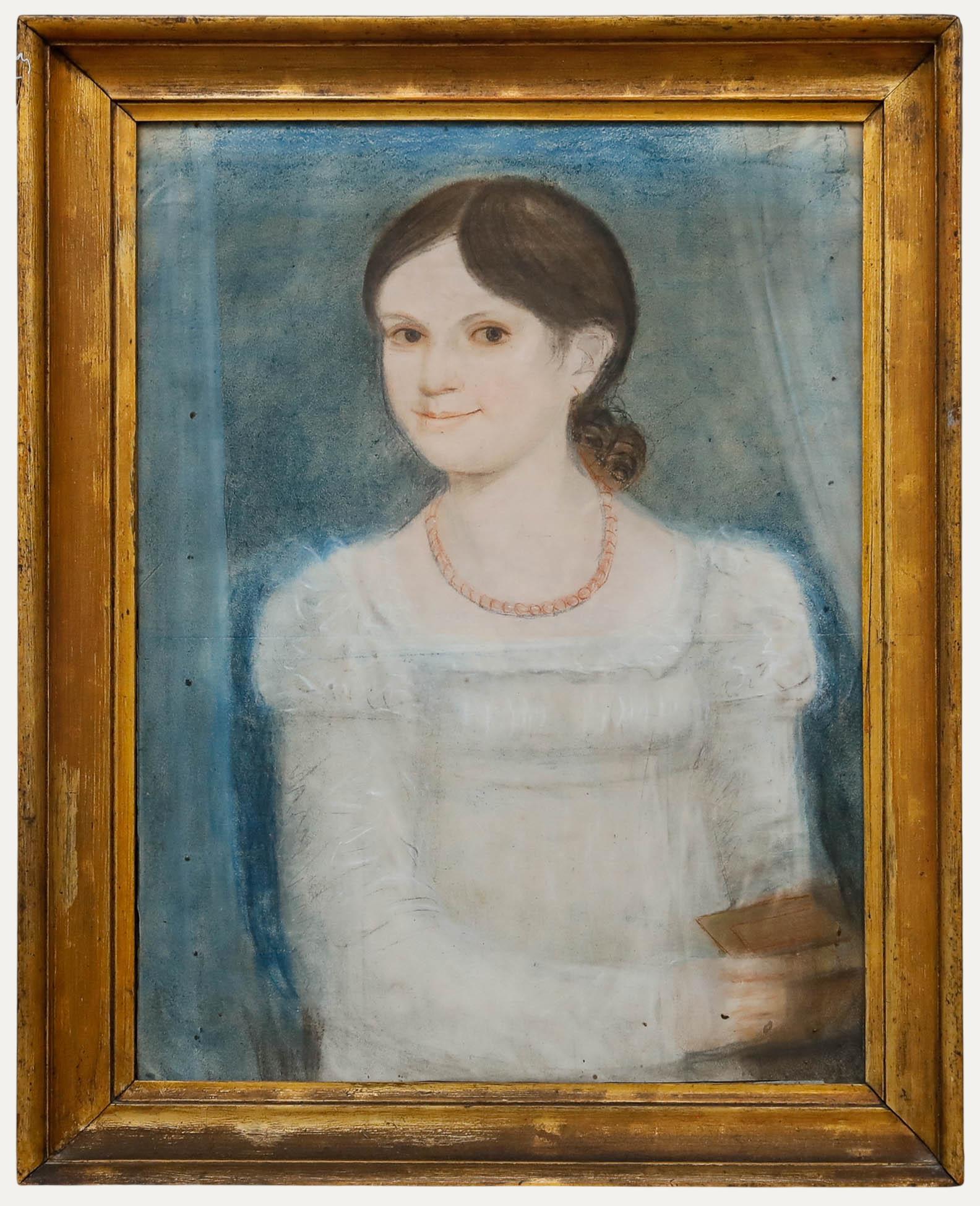 Portrait di Unknown - Pastello incorniciato della fine del XIX secolo - Ragazza con la collana di perline