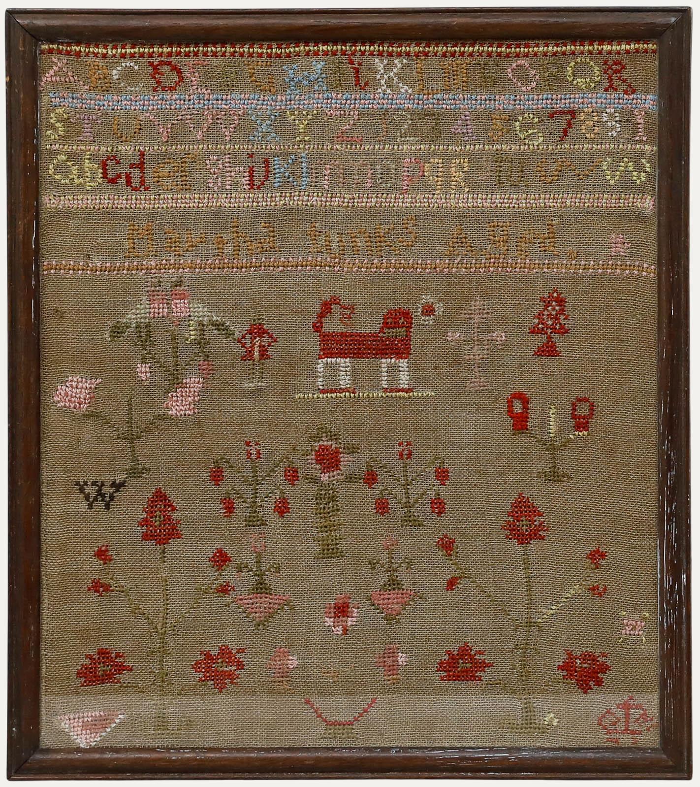 Framed Early 19th Century Needlework Sampler - The Red Dog - Art by Unknown