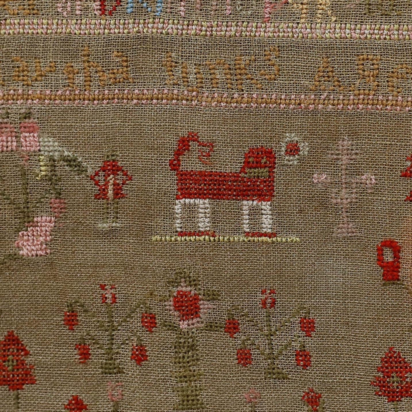 Framed Early 19th Century Needlework Sampler - The Red Dog For Sale 2