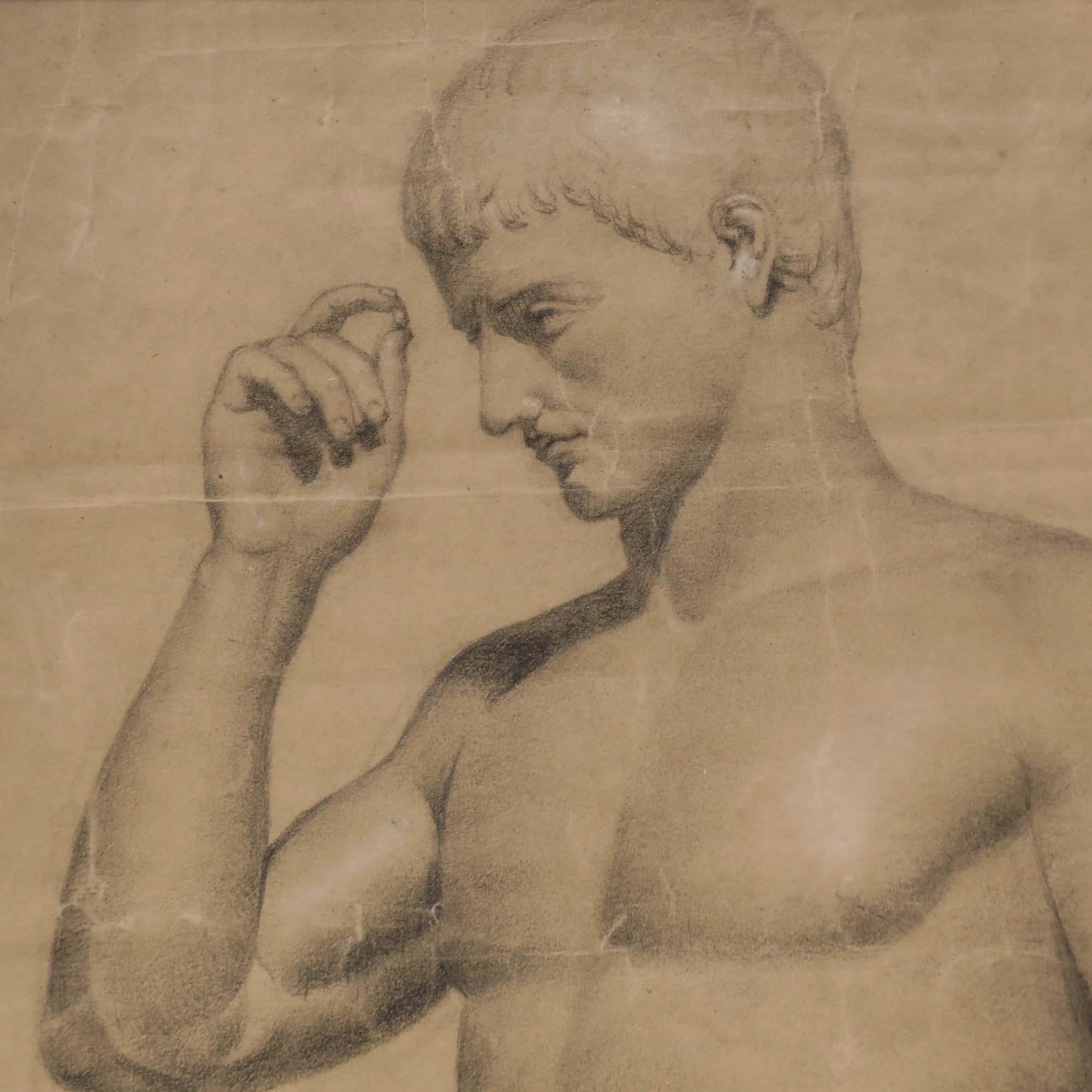 Estudio finamente detallado en grafito de una estatua de Marcelo, sobrino del emperador Augusto, fundador del Imperio Romano. La estatua se conserva en el Louvre. El dibujo presenta sutiles reflejos blancos para dar la apariencia del mármol. Bien