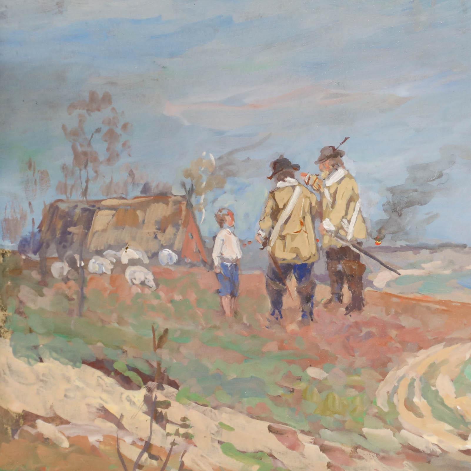 Una scena storica ben realizzata dall'artista tedesco Willy Brandes, resa con colori equilibrati. Un'etichetta scritta in tedesco applicata sul retro indica che la scena raffigura un gruppo di mercenari svedesi durante la Guerra dei Trent'anni che