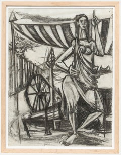 Christian Julia (1921-1991) - Mid 20th Century Charcoal Drawing, Lady Spinning