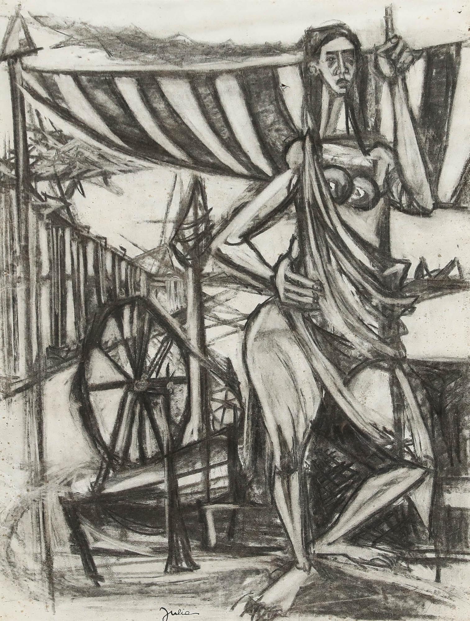 Christian Julia (1921-1991) - Disegno a carboncino della metà del XX secolo, Signora che fila - Art di Unknown