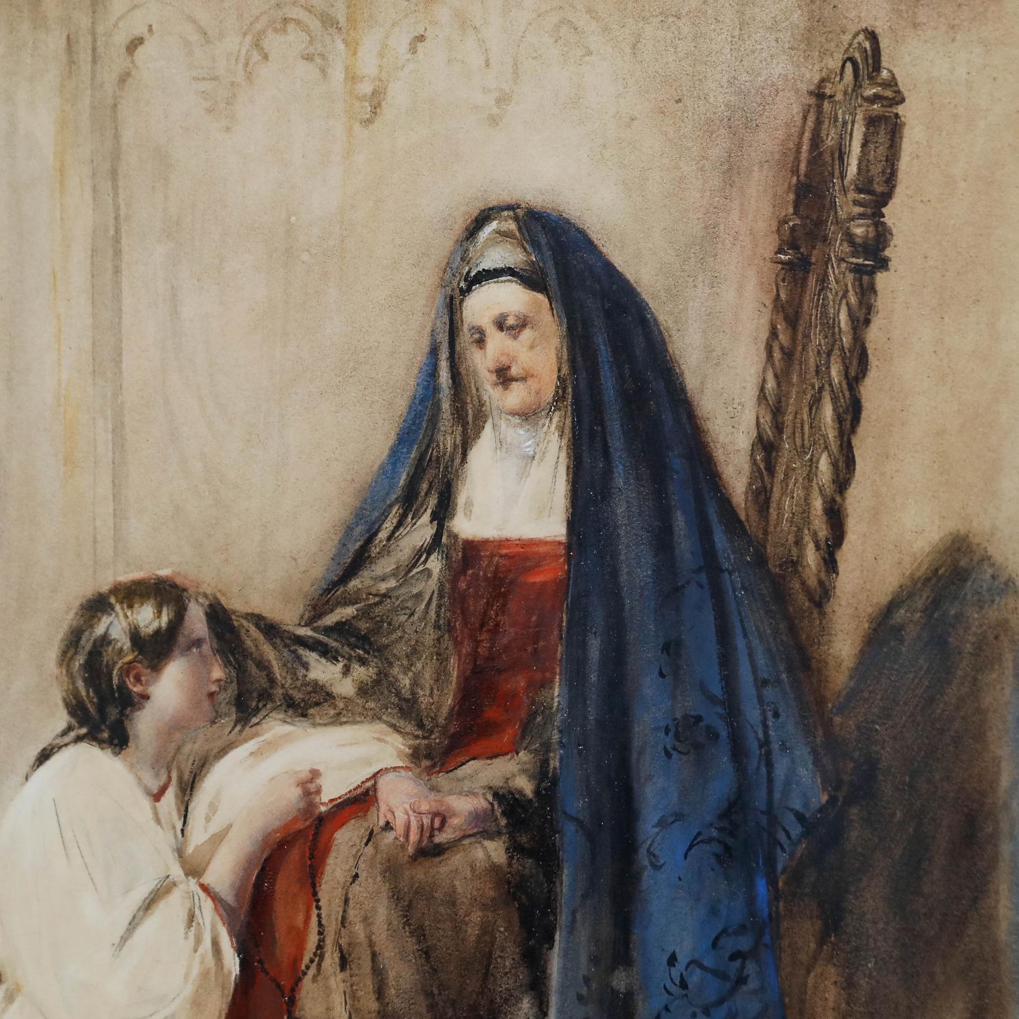 Une jeune femme tenant un chapelet s'agenouille au pied d'une religieuse qui lui tient tendrement la main. Signé et daté en bas à droite. Bien présenté dans un cadre à effet doré avec une monture à lavis. Sur le papier. Taille de l'image : 40 x 32