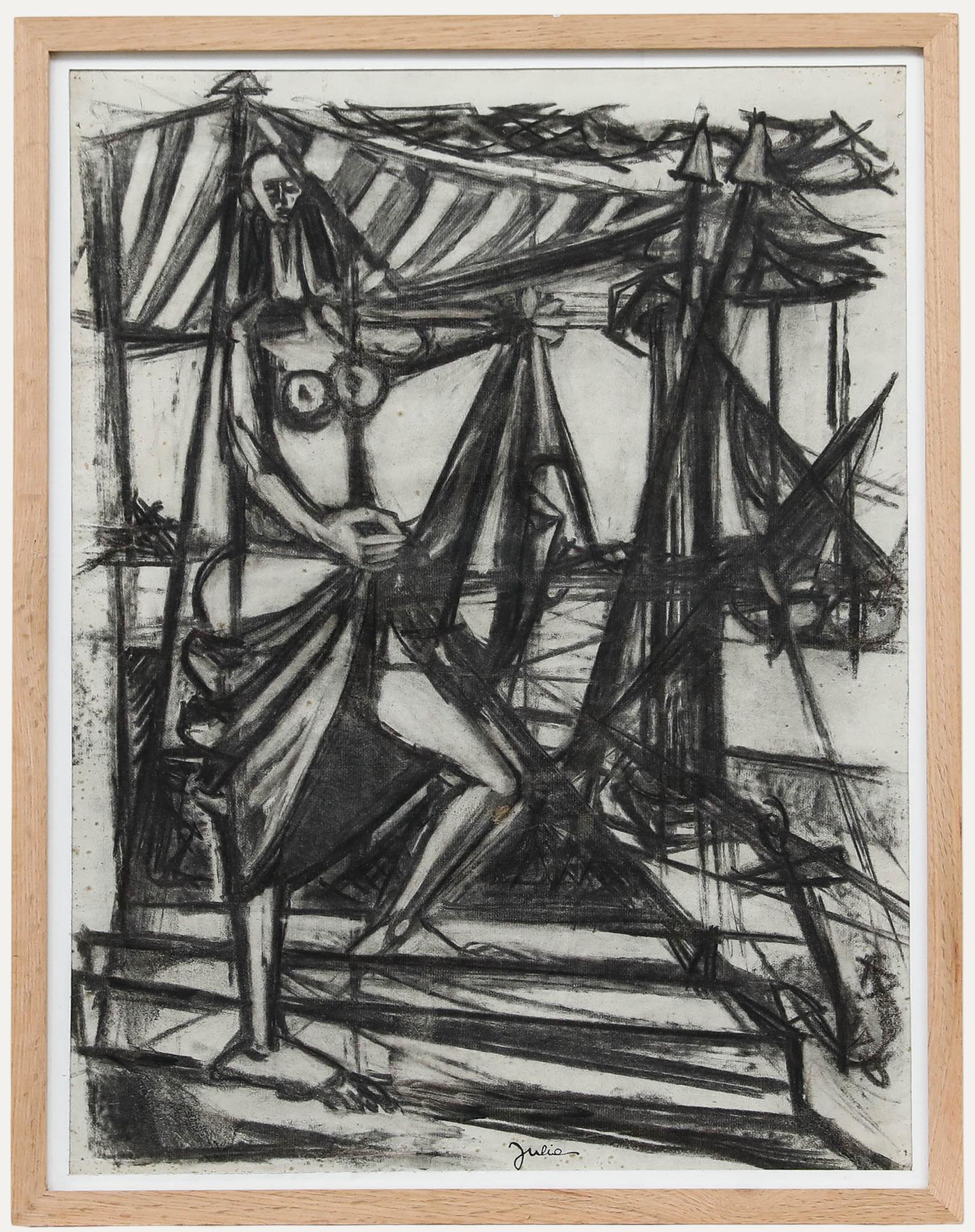 Christian Julia (1921-1991) - Mid 20th Century Charcoal Drawing, At Work