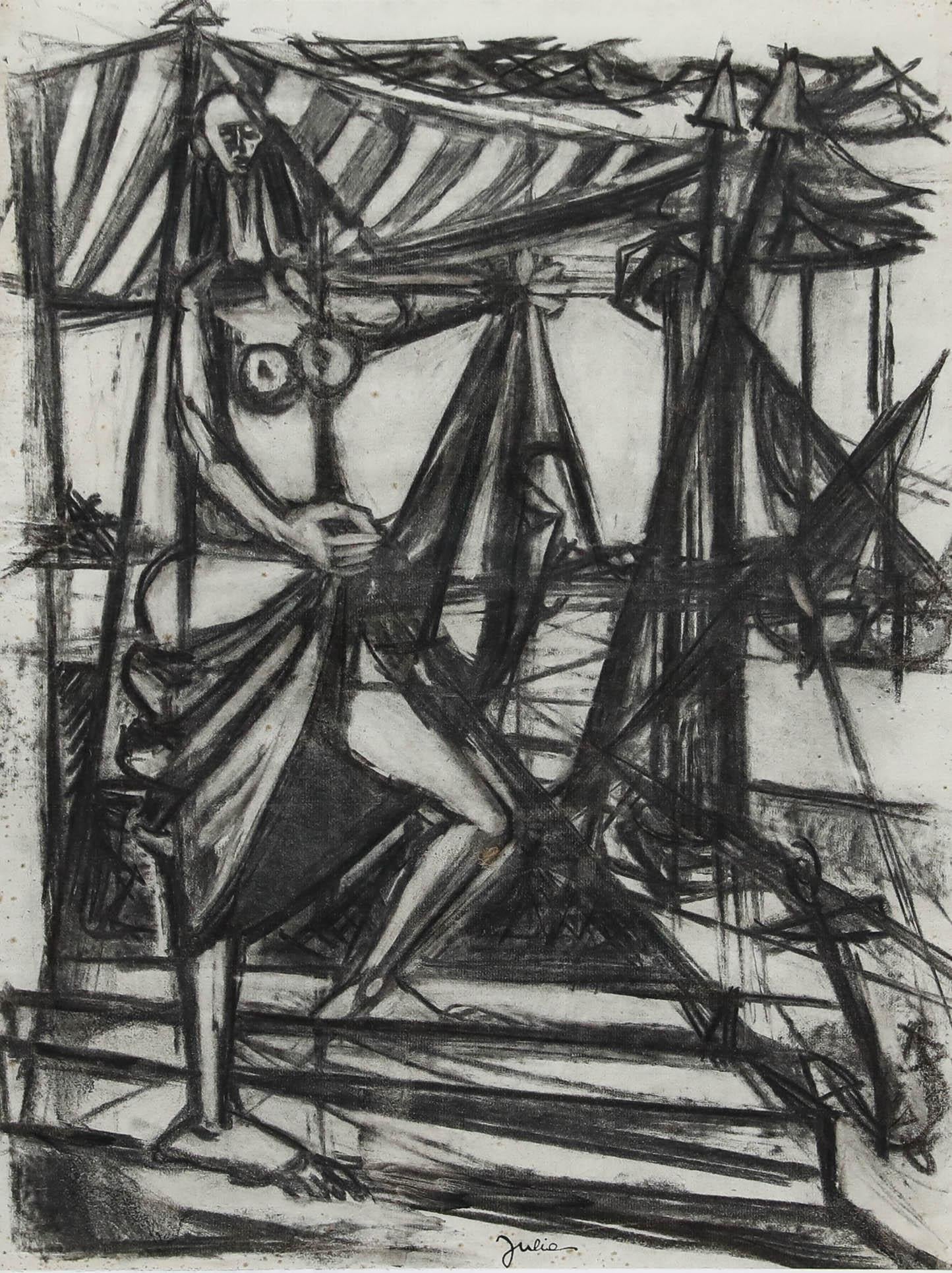 Christian Julia (1921-1991) - Dessin au fusain du milieu du 20e siècle, Au travail - Art de Unknown