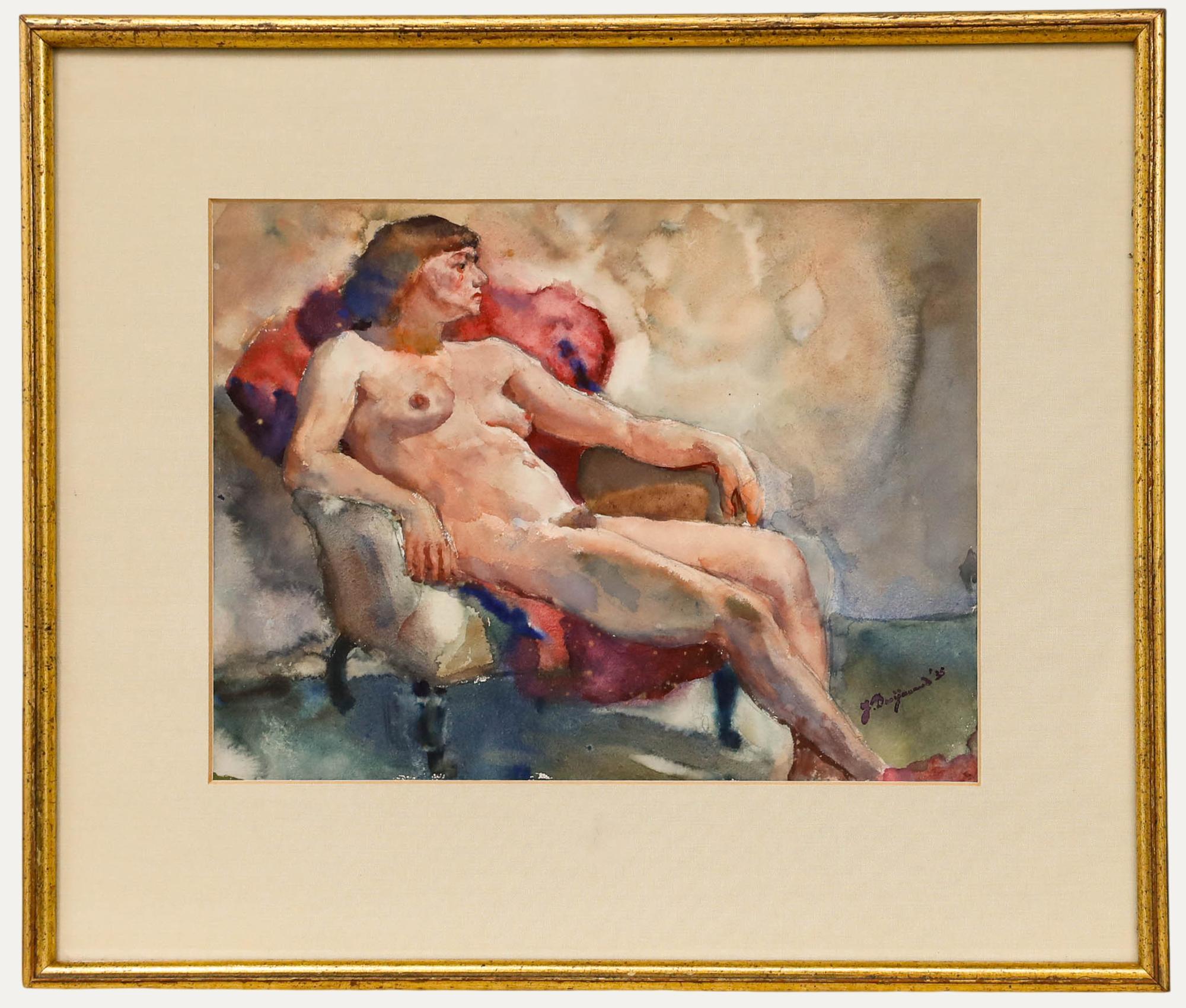 Nude Unknown - Jacob Dooijewaard (1876-1969) - Aquarelle encadrée de 1935, Nu dans un fauteuil