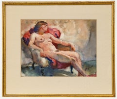 Jacob Dooijewaard (1876-1969) - Aquarelle encadrée de 1935, Nu dans un fauteuil