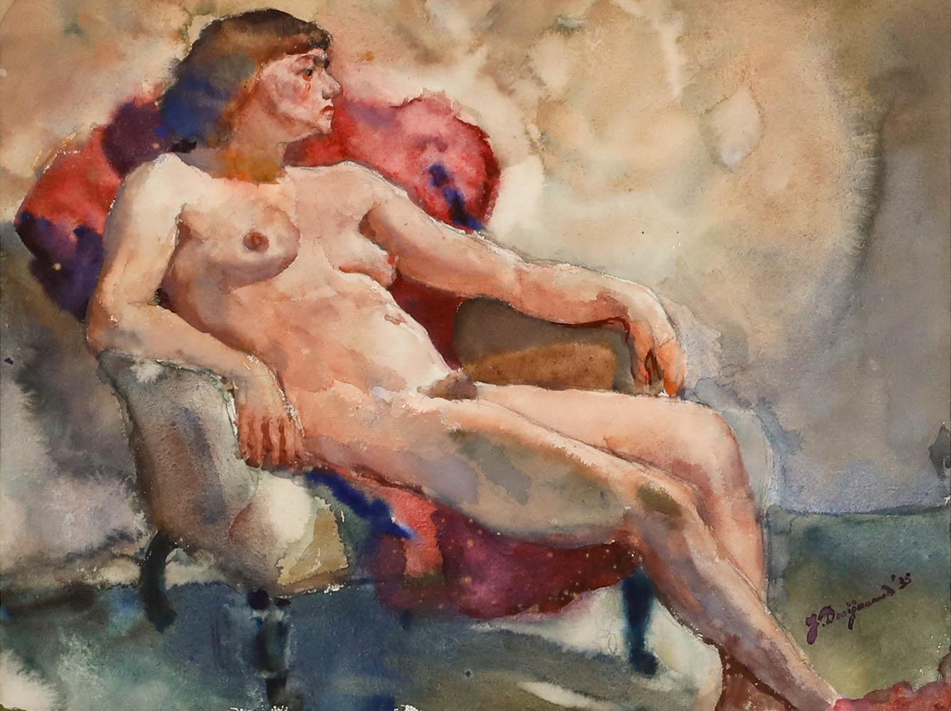 Jacob Dooijewaard (1876-1969) - Aquarelle encadrée de 1935, Nu dans un fauteuil - Art de Unknown