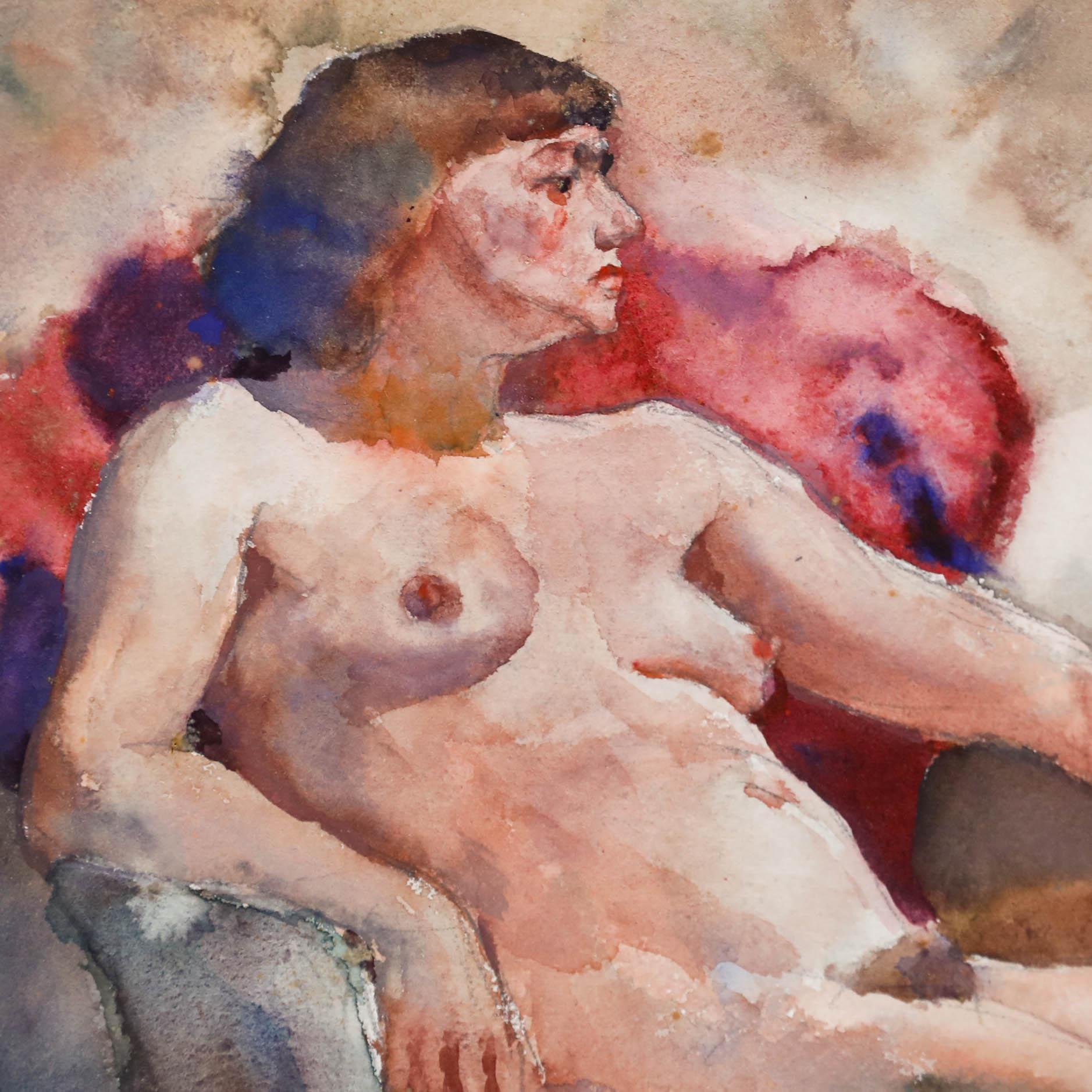 Étude de nu impressionniste de Jacob Dooijewaard (1876-1969). L'artiste a laissé les aquarelles s'écouler, formant un lavis brumeux de couleurs vibrantes. Signé et daté en bas à droite. Bien présenté dans un cadre à effet doré avec un support en