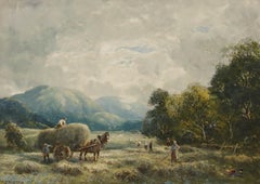 William Manners RBA (1860-1930)- Watercolour, Haymaking near the Langdale Pikes