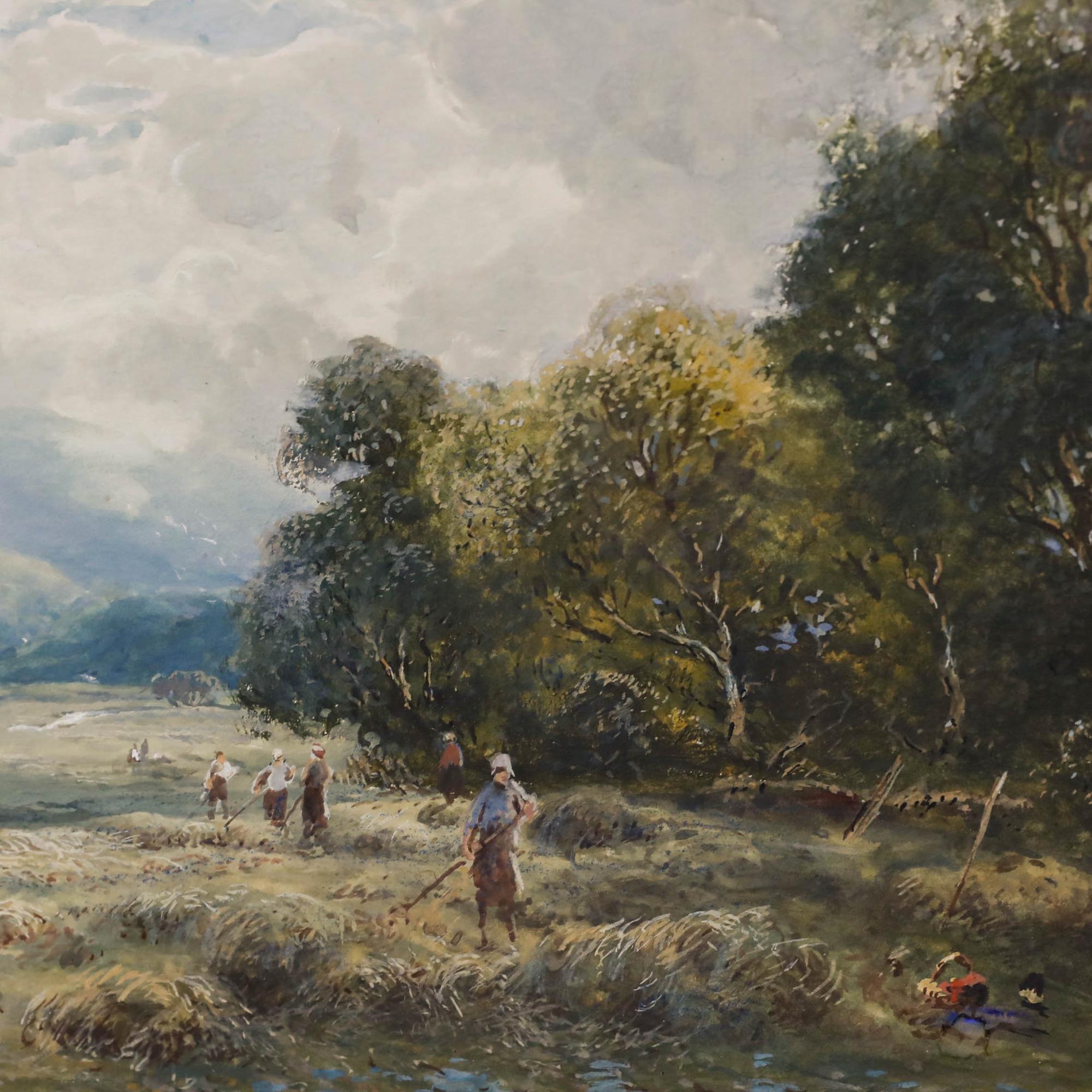 Une aquarelle et gouache originale de William Manners RBA (1860-1930), représentant des ouvriers agricoles travaillant dur pour rentrer le foin. Manners a rendu la scène de manière réaliste, en introduisant des détails à la gouache pour rehausser la