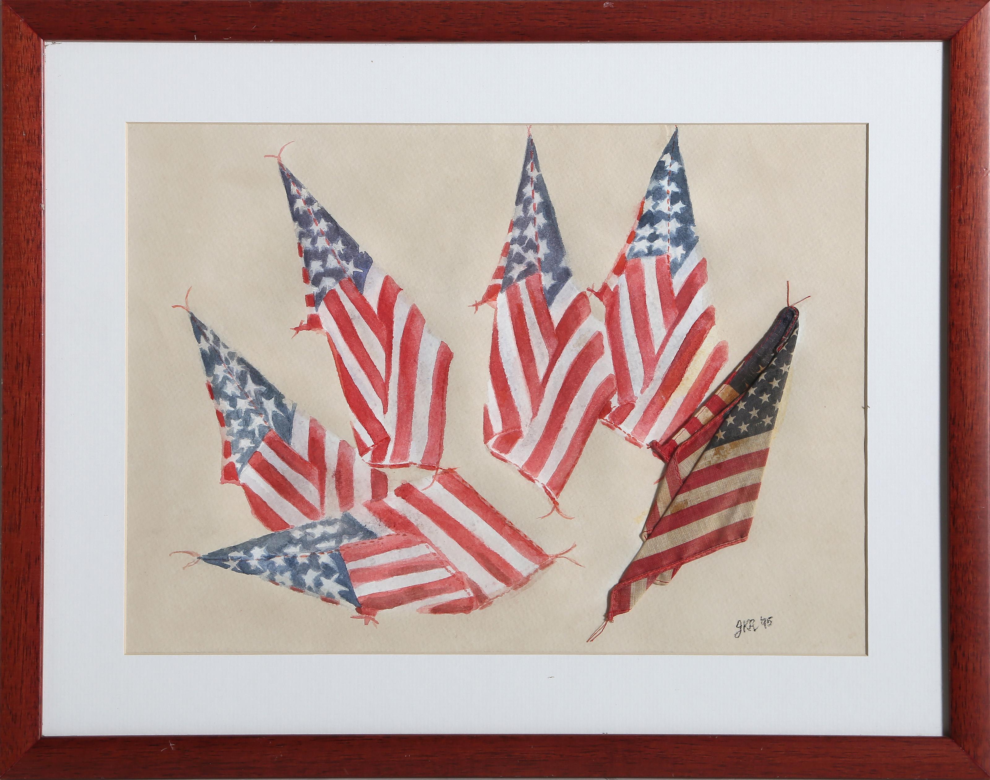 JKR - Flags, Medium:  Watercolor and Collage on paper, signed and dated lower right, Size:  10.5 x 14.5 in. (26.67 x 36.83 cm), Frame Size:  15.25 x 19.25 inches