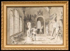 Edward Allen Schmidt (1825-1893) - Charcoal Drawing, Sculptor in His Studio