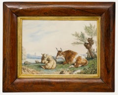 Framed 19th Century Watercolour - Bull and Ewes by the Lake