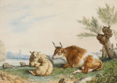 Framed 19th Century Watercolour - Bull and Ewes by the Lake