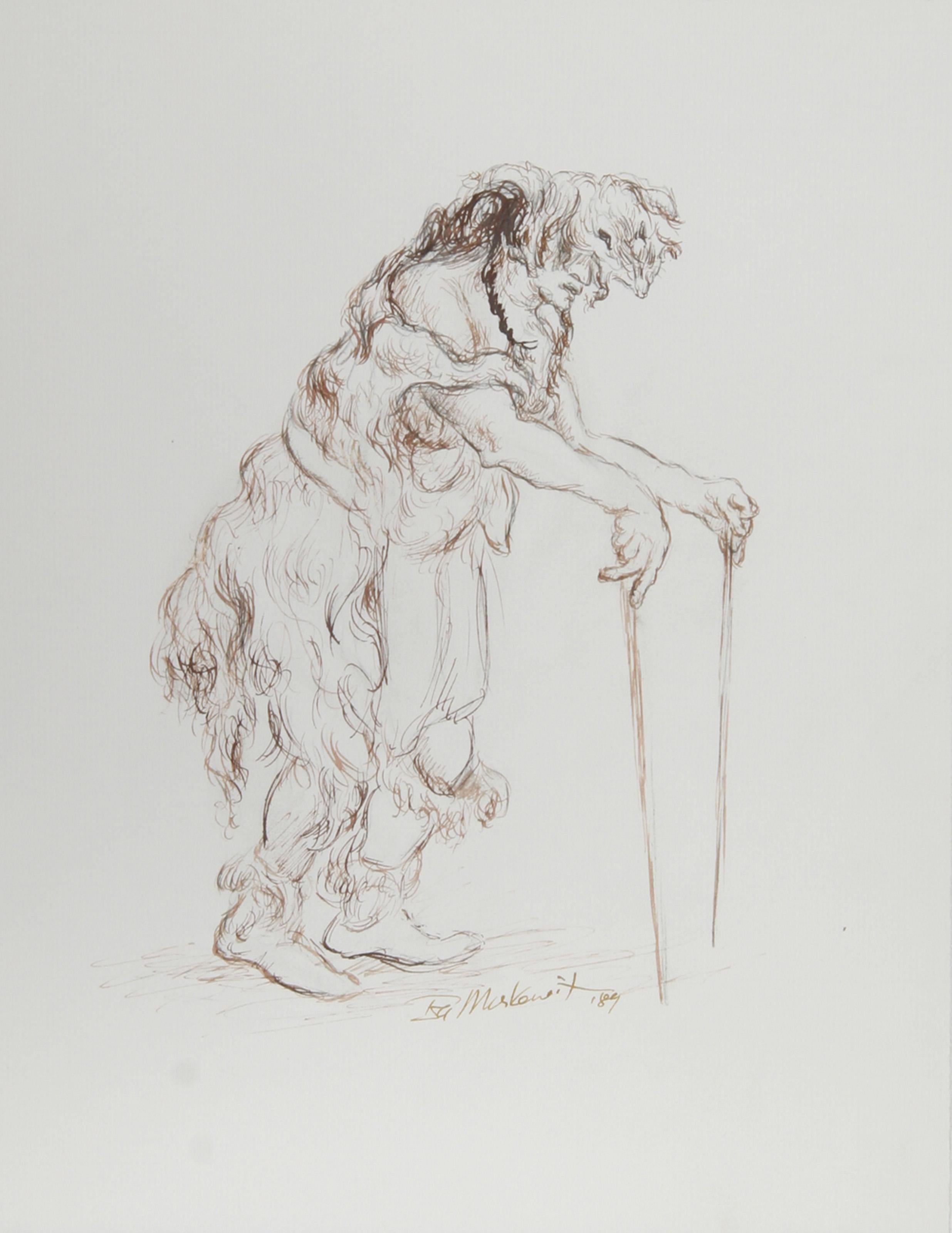  Ira Moskowitz, Polish/American (1912 - 2001) -  Native American Spiritual Man, Year: 1989, Medium: Ink on Paper, signed, Size: 13 in. x 10 in. (33.02 cm x 25.4 cm), Description: Representing the culture and spirituality of his people, the Native