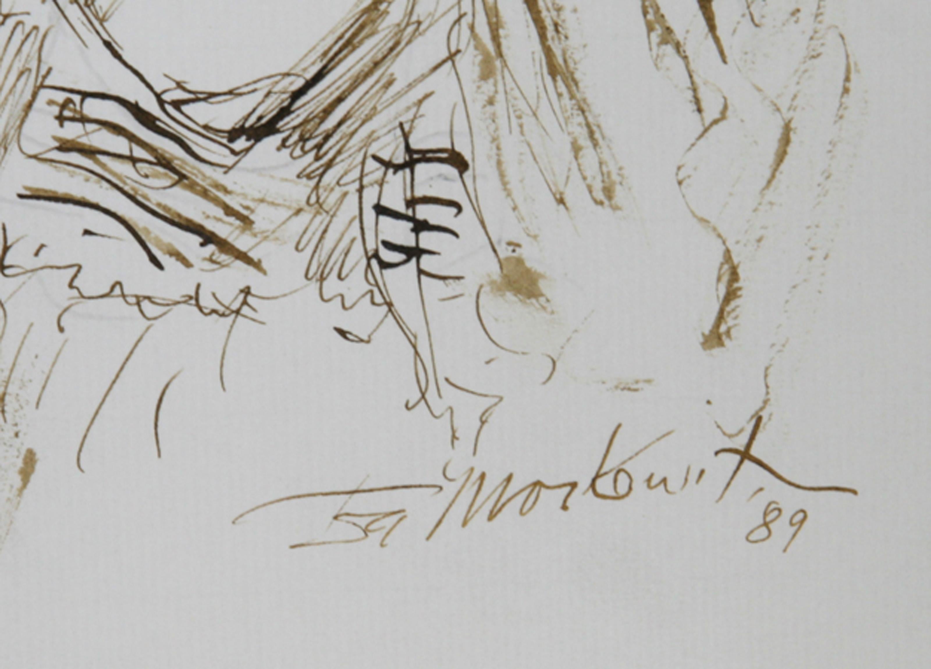 Rabbi with Student, Folk Art Ink on Paper by Ira Moskowitz For Sale 1