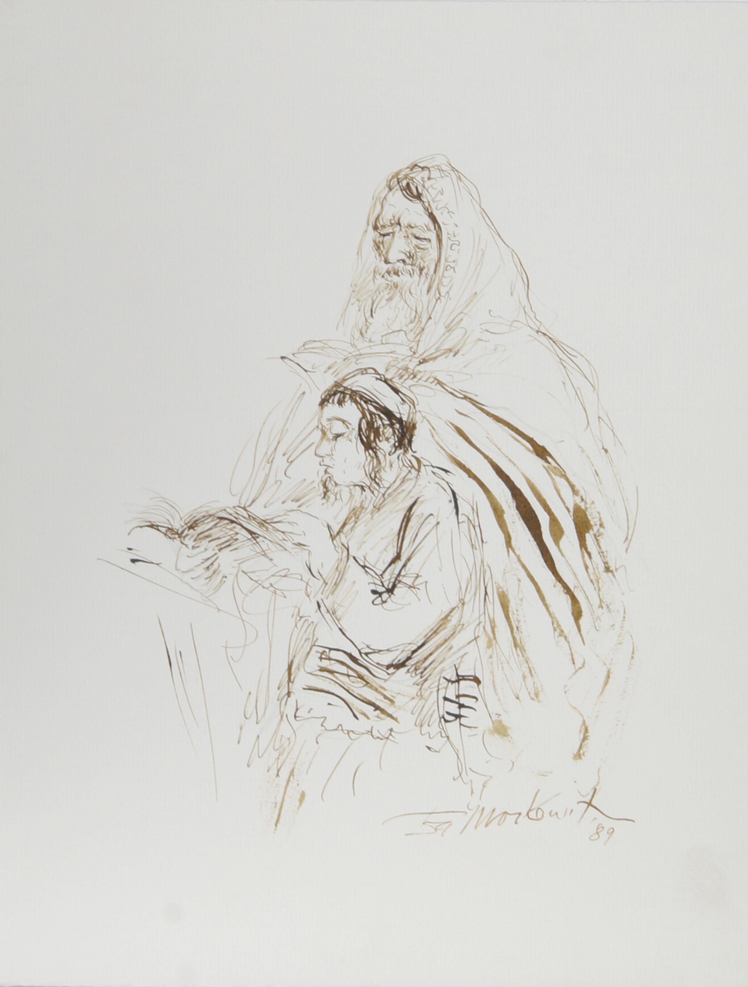 Lapin avec étudiant, encre sur papier d'art populaire d'Ira Moskowitz