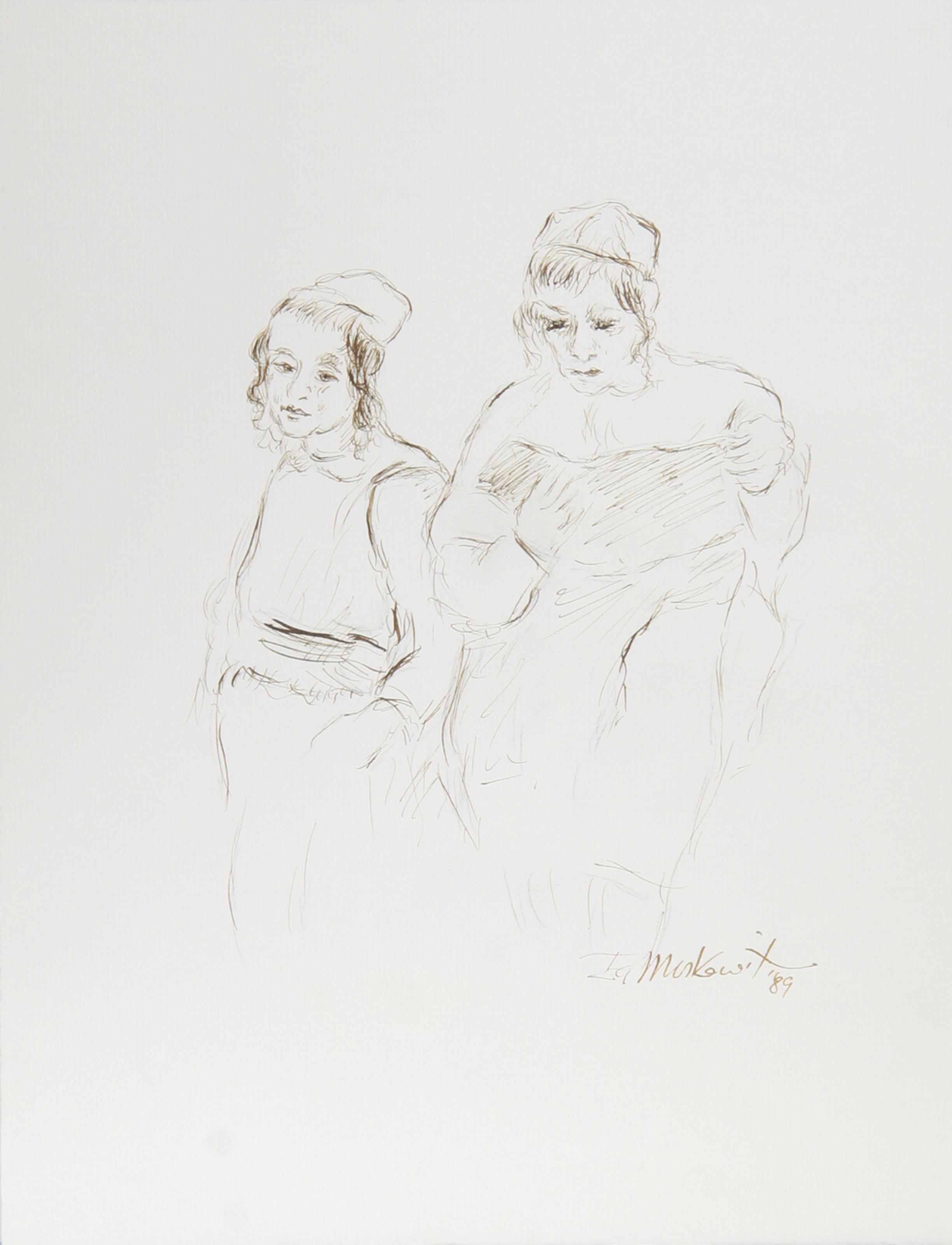  Ira Moskowitz, polonais/américain (1912-2001) -  Couple - V, Année : 1989, Médium : Encre sur papier, signé, Dimensions : 13 in. x 10 in. (33.02 cm x 25.4 cm), Description : Portant des vêtements traditionnels, le couple de ce dessin d'Ira