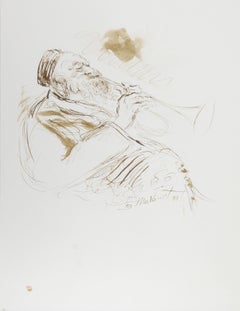 Horn Player - II, Folk Art Ink on Paper by Ira Moskowitz