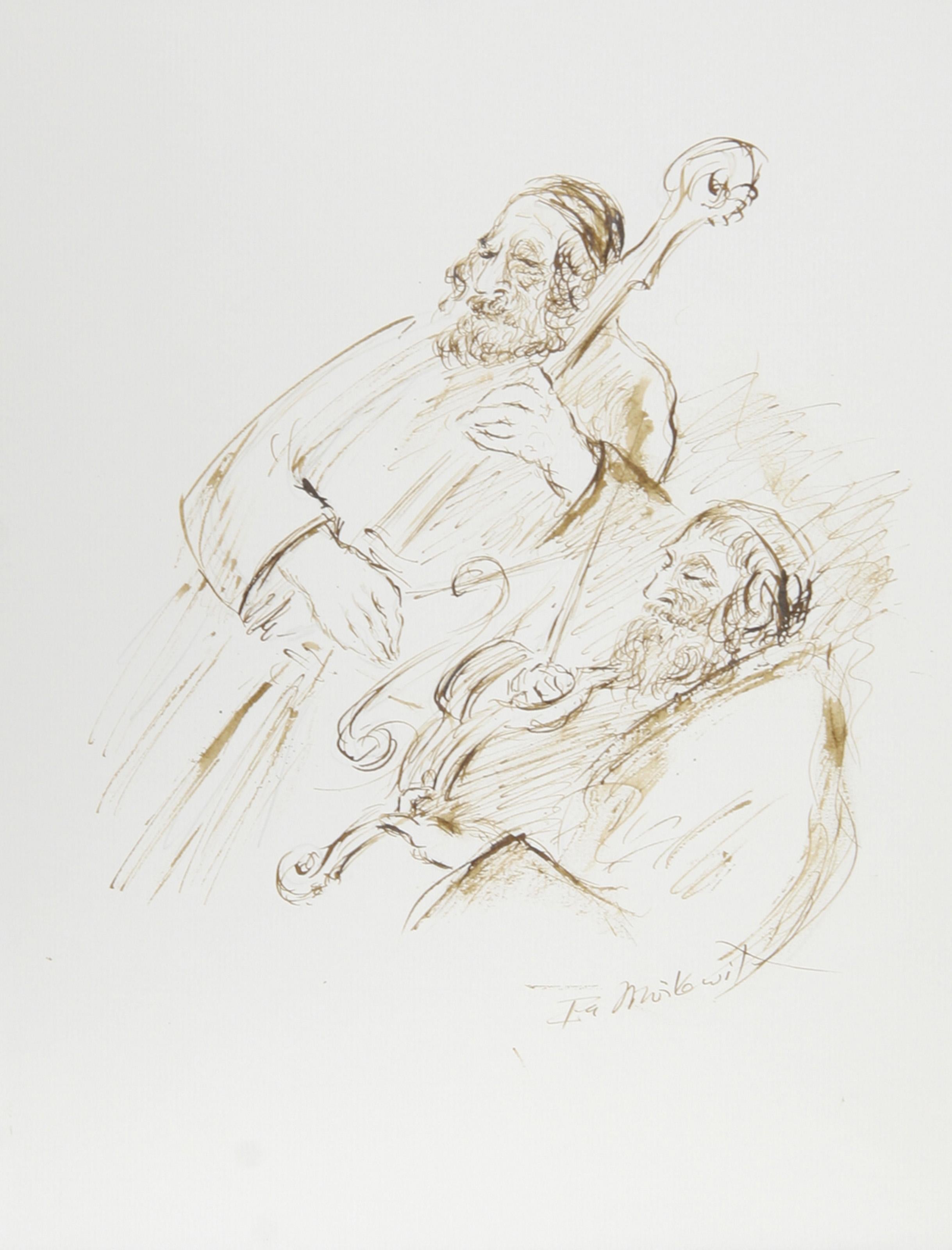 Two Double Bass Players, Folk Art Ink on Paper by Ira Moskowitz