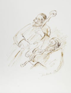 Two Double Bass Players, Folk Art Ink on Paper by Ira Moskowitz