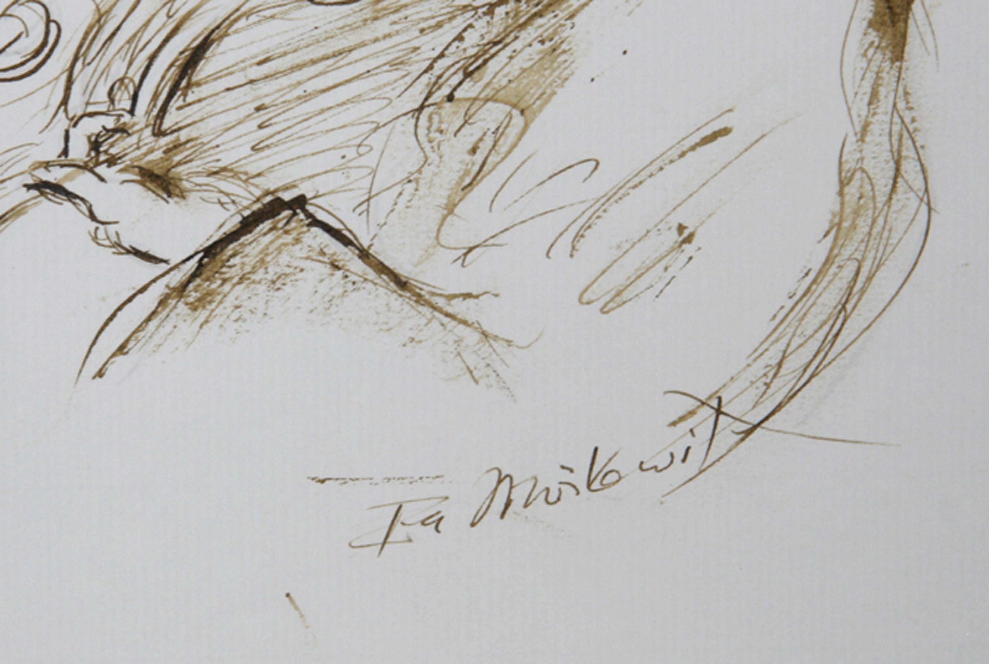 Due suonatori di contrabbasso, Folk Art Ink on Paper di Ira Moskowitz in vendita 1