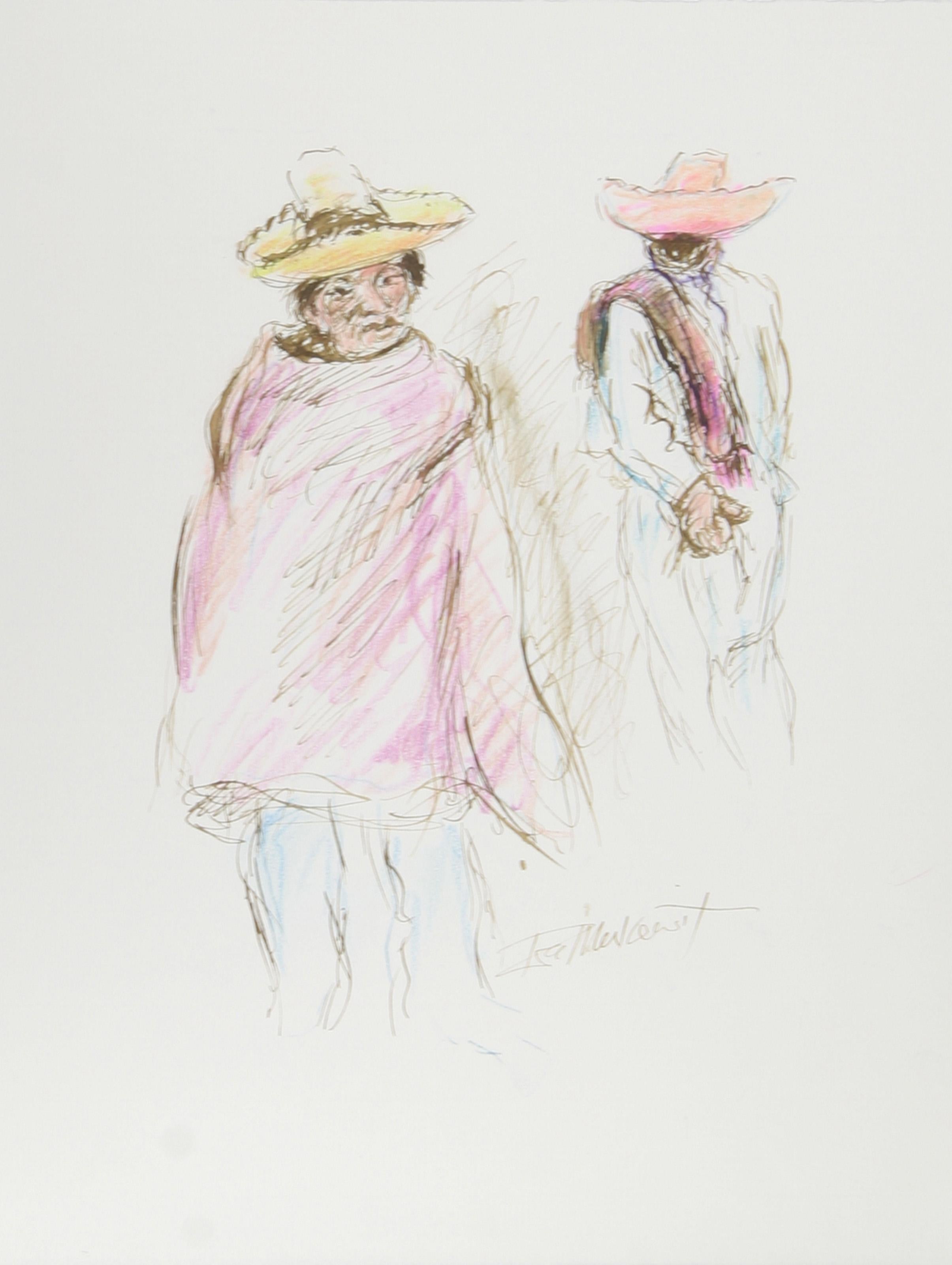 Two Men in Sombreros - III, Modern Ink and Pastel on Paper by Ira Moskowitz