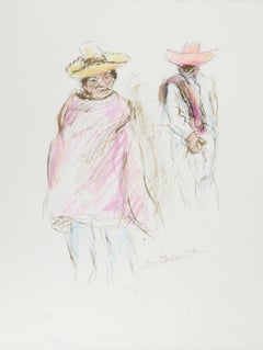 Deux hommes en Sombreros - III, encre moderne et pastel sur papier d'Ira Moskowitz