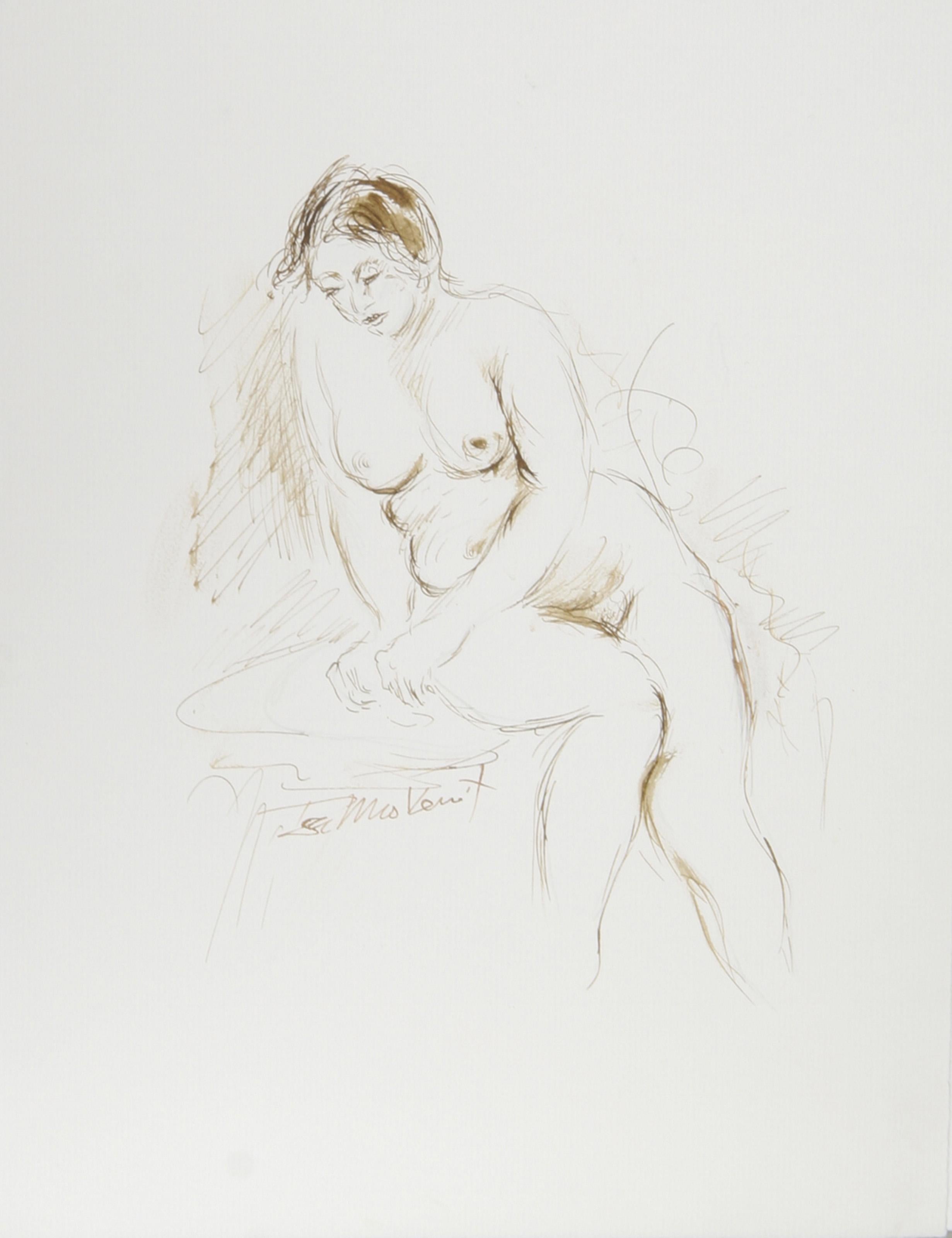  Ira Moskowitz, Polish/American (1912 - 2001) -  Nude - III, Year: circa 1989, Medium: Ink on Paper, signed, Size: 13 in. x 10 in. (33.02 cm x 25.4 cm), Description: This thoughtful portrait of a nude woman refletcs the contemplative mood of the