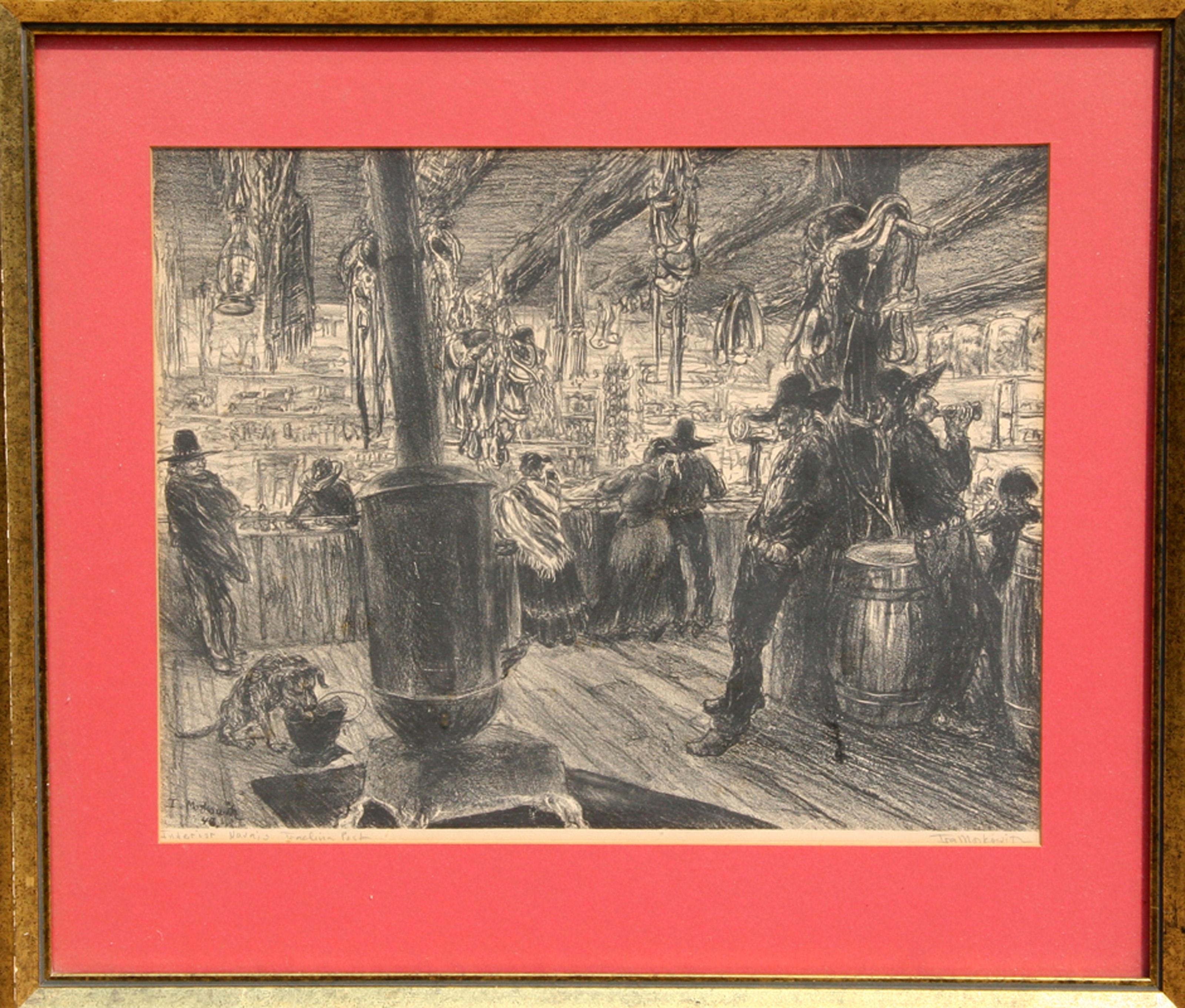  Ira Moskowitz, polaco/americano (1912 - 2001) -  Interior Navajo Trading Post, Año: 1946, Medio: Litografía, Firmada a lápiz, Tamaño: 30,48 cm x 38,1 cm (12 pulg. x 15 pulg.), Tamaño del marco: 18 x 21 pulgadas, Descripción: Esta representación en