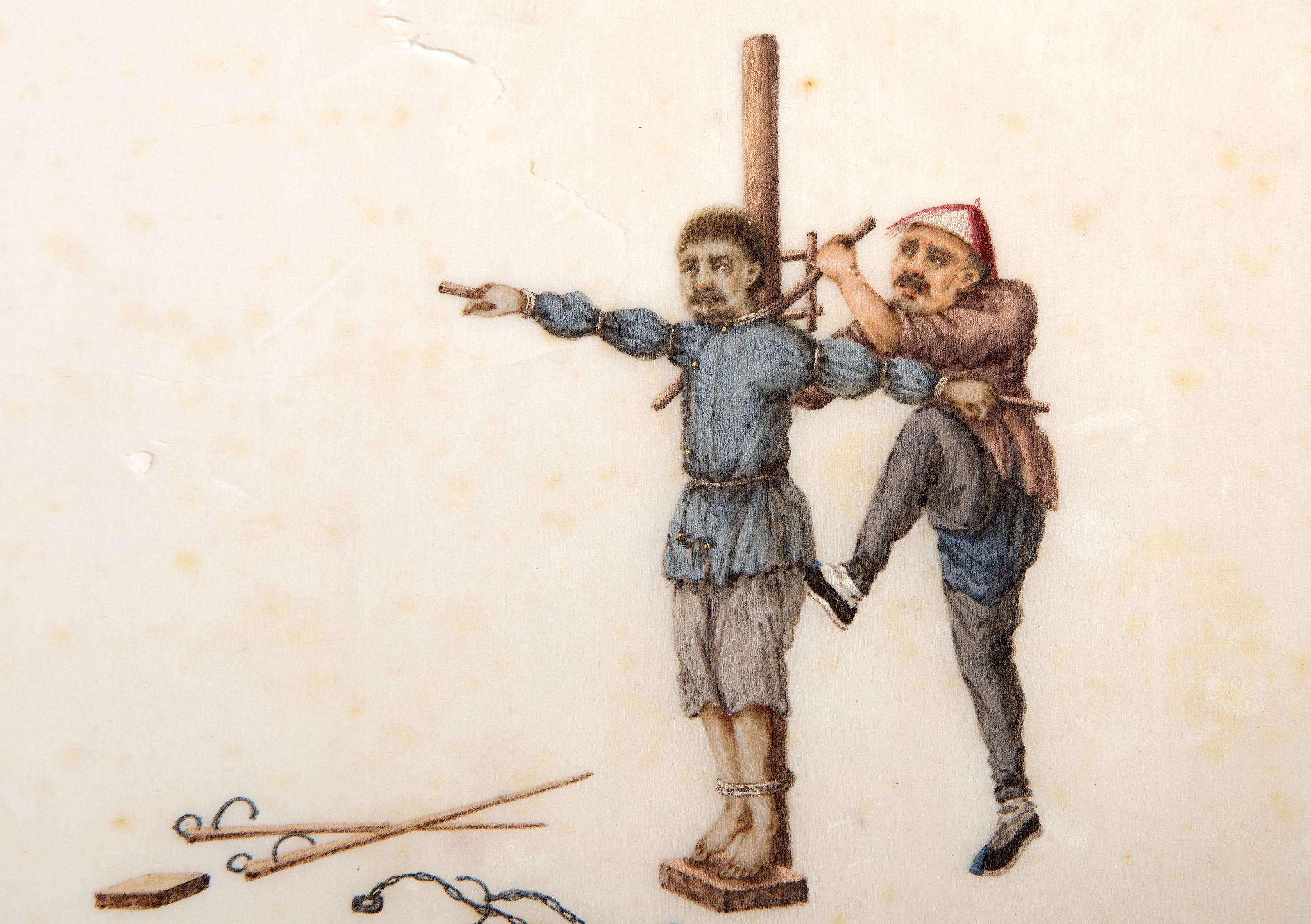  Artista desconocido -  Escena de tortura, Medio: Aguada sobre papel verjurado fino, Tamaño de la imagen: 4,5 x 4,5 pulgadas, Tamaño: 7 x 9,75 pulgadas (17,78 x 24,77 cm) 
