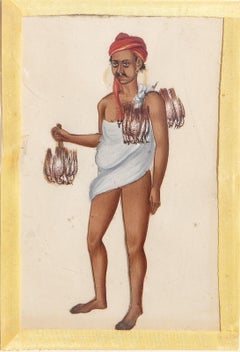 Mercante che vende uccelli, Guazzo d'arte popolare su carta di Artista sconosciuto