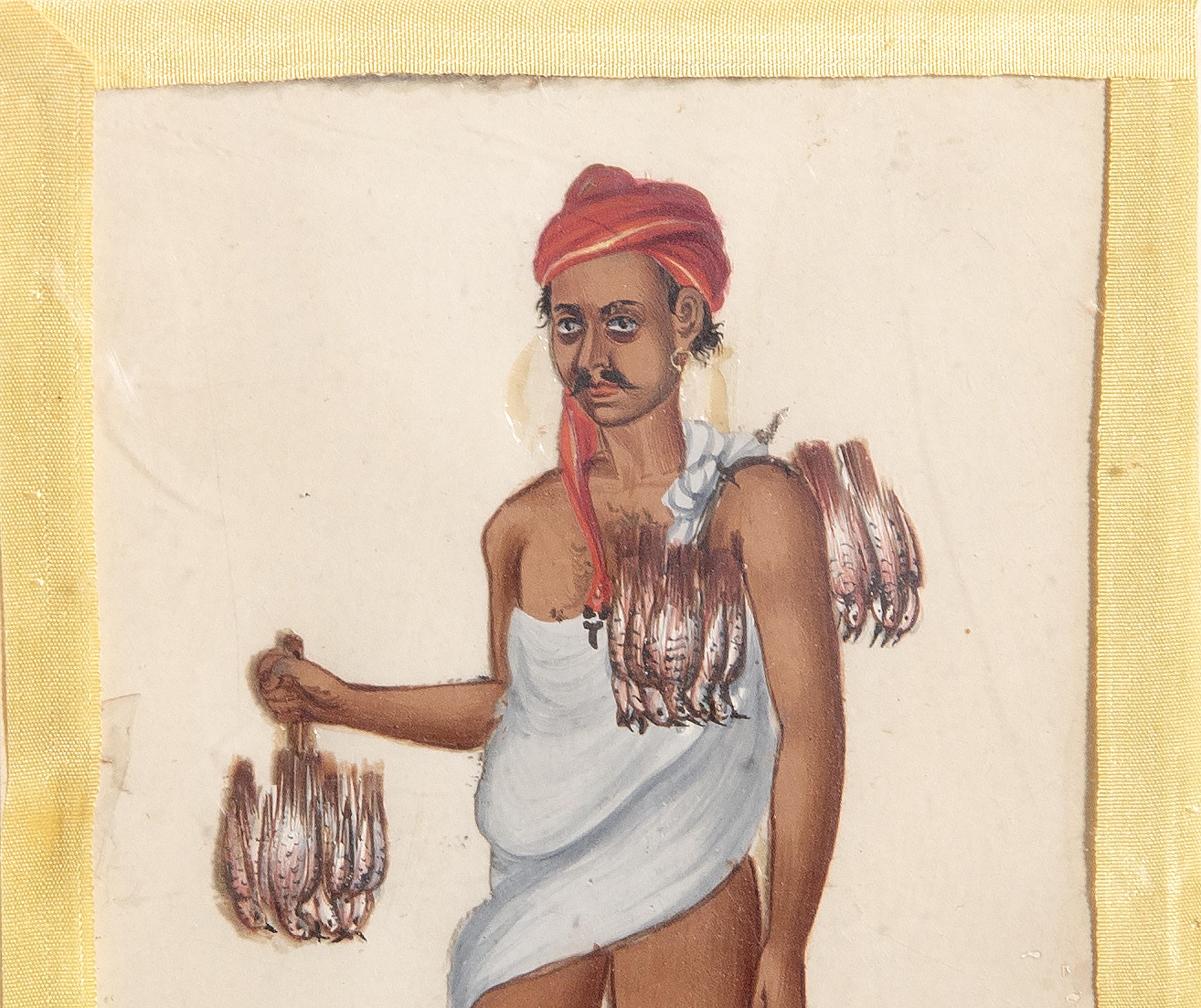Marchand vendant des oiseaux, gouache d'art populaire sur papier par l'artiste Unknown en vente 1
