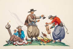Gauchos En Un Asado, Acuarela moderna y grafito sobre papel de Ada Peacock