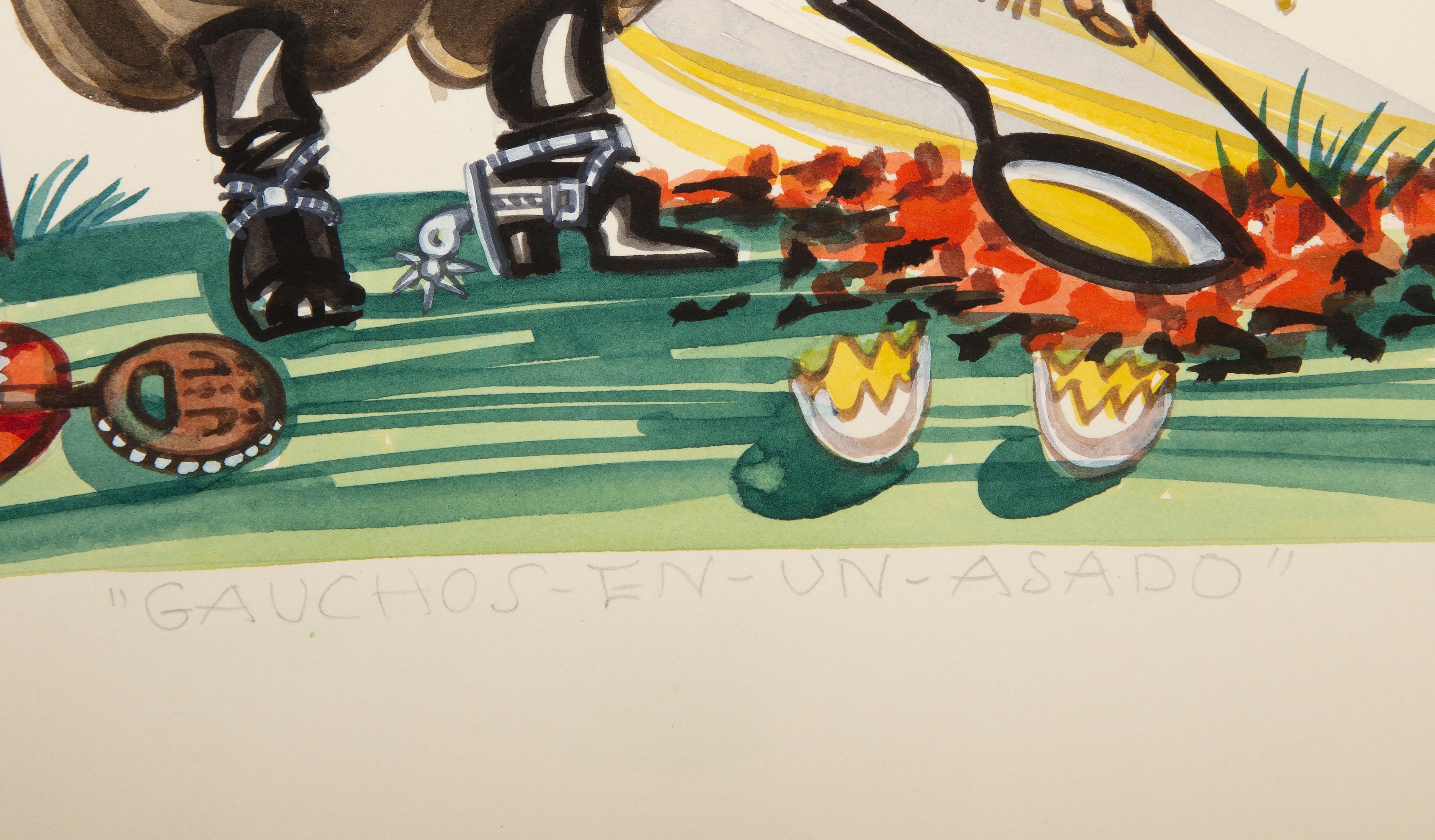 Gauchos En Un Asado, Modern Watercolor and Graphite on Paper by Ada Peacock For Sale 2