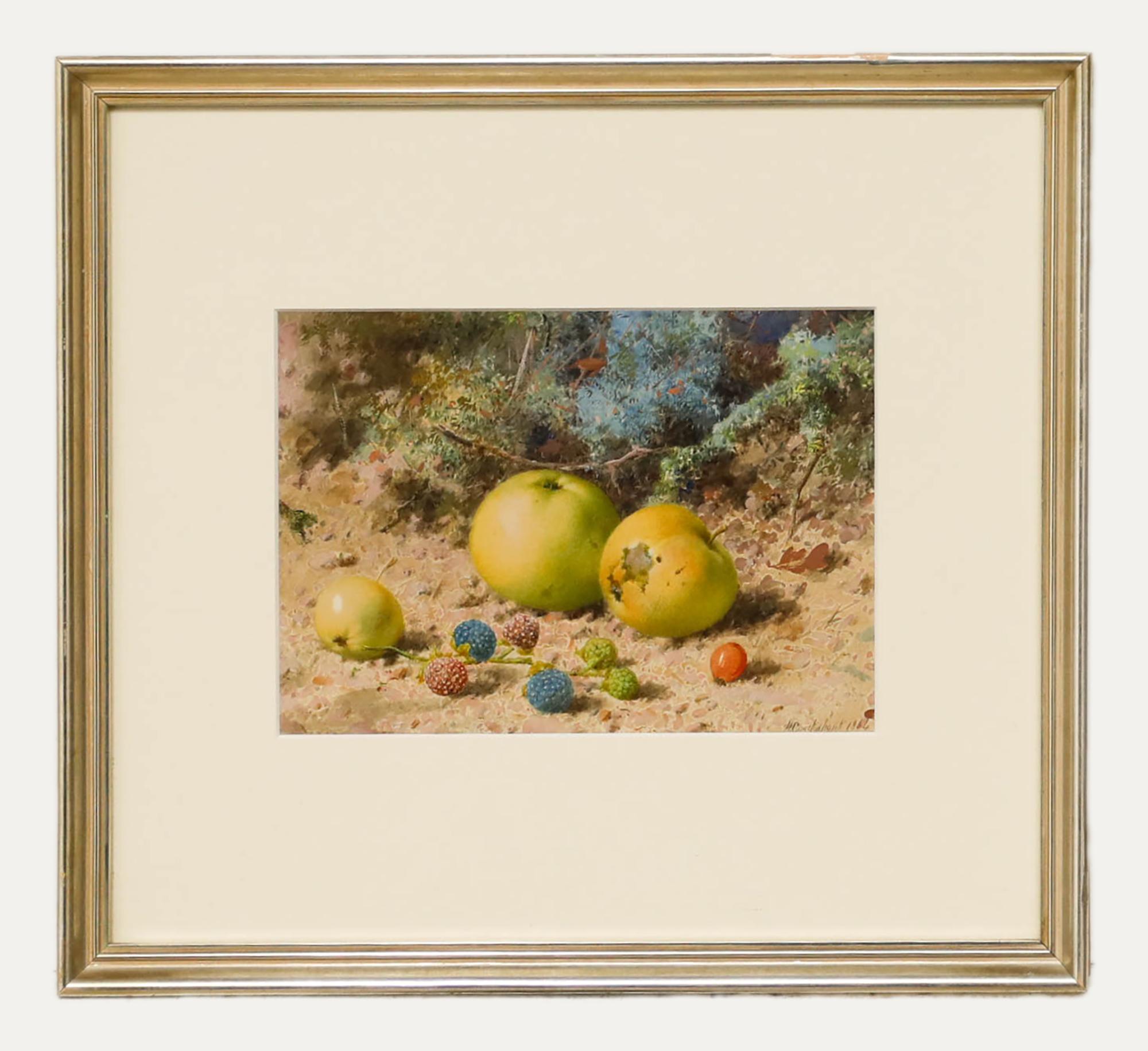 Eine feine Aquarellstudie mit Gummiarabikum-Details, die Äpfel und Beeren in einem Gebüsch darstellen. Signiert und datiert unten rechts. Präsentiert in einem vergoldeten Silberrahmen. Auf dem Papier.