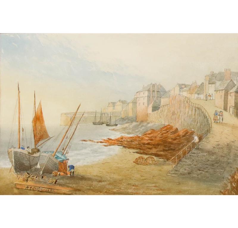 M. A. Carter - Acuarela enmarcada de finales del siglo XIX, Preparando barcos en Newlyn - Art de Unknown