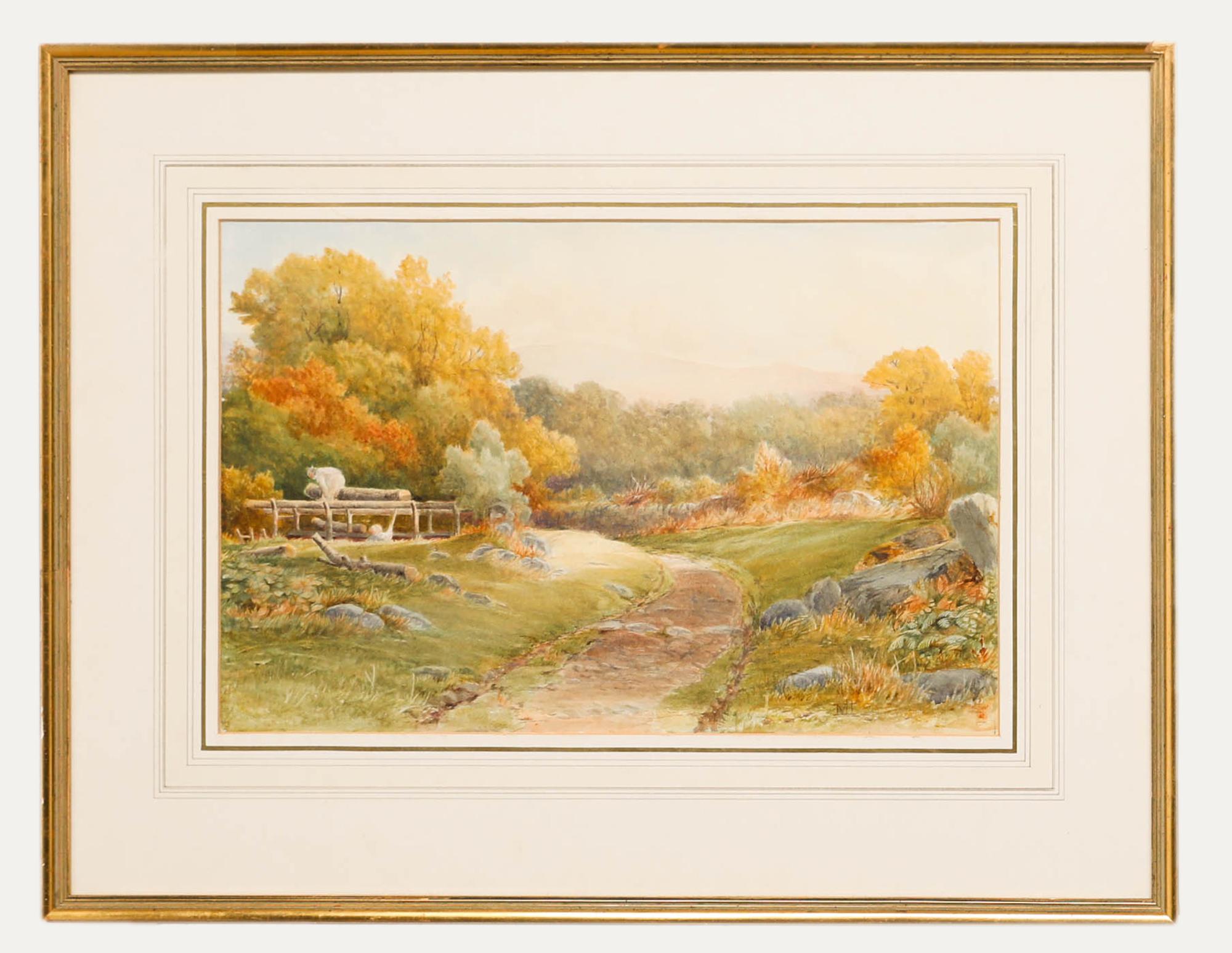 Landscape Art di Unknown - N.H. - Acquerello di fine Ottocento, Sentiero d'autunno