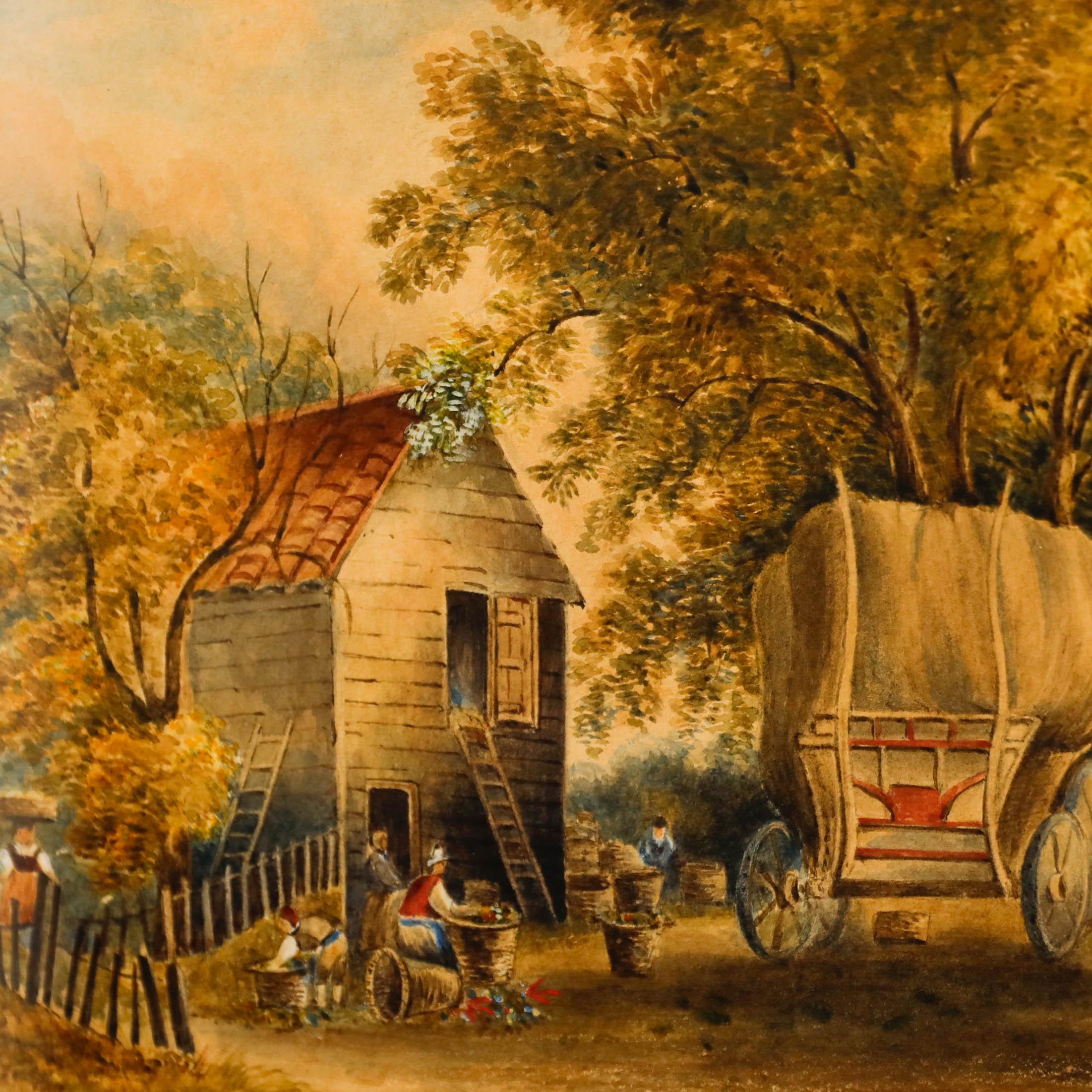 A charming 19th-century watercolour depicting flower harvesters busy sorting their crop, ready for the production of oily perfumes. The watercolour has been well presented in a delicate gilt-effect frame with a new card mount. Unsigned. On paper. 