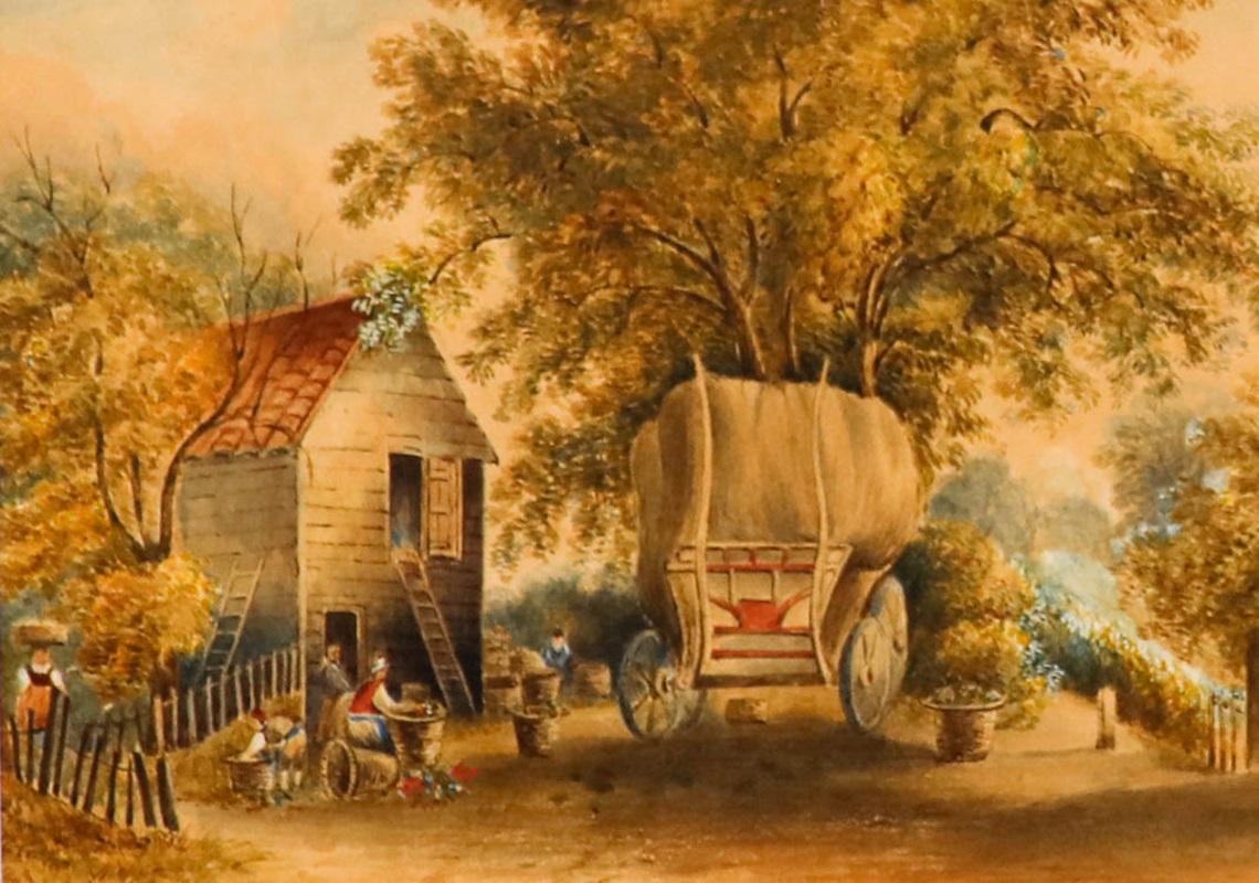 French School 19th Century Watercolour - Flower Harvesters at the Farmstead - Art by Unknown