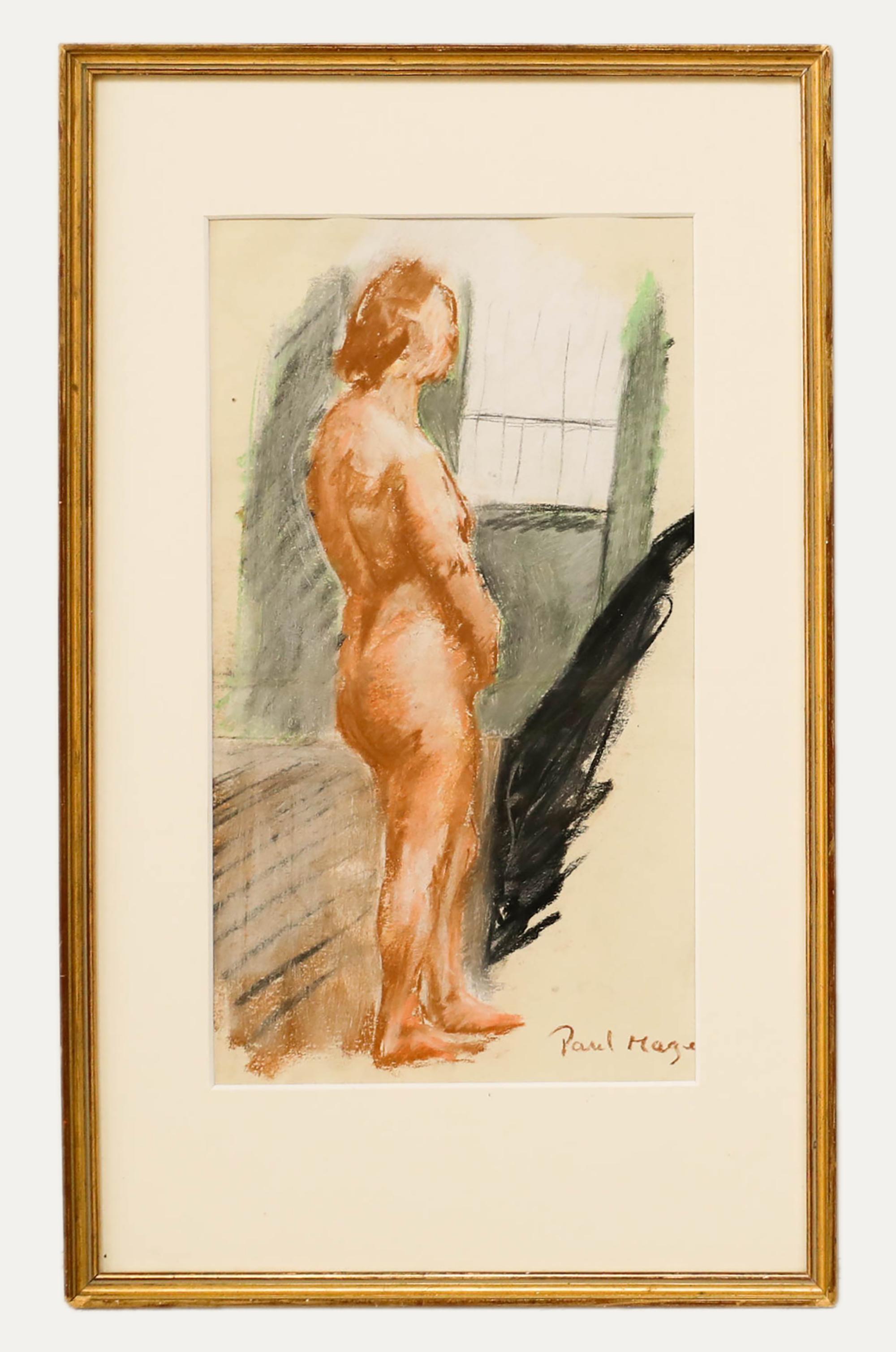 Lebensstudie in Pastell. Präsentiert in einem schmalen vergoldeten Rahmen. Unterschrieben. Auf dem Papier.