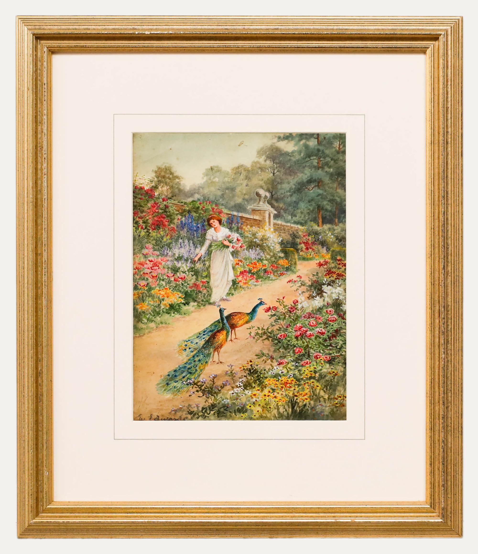 Portrait Unknown - Ellen Edwards  - Aquarelle du XIXe siècle, Paons dans le jardin clos