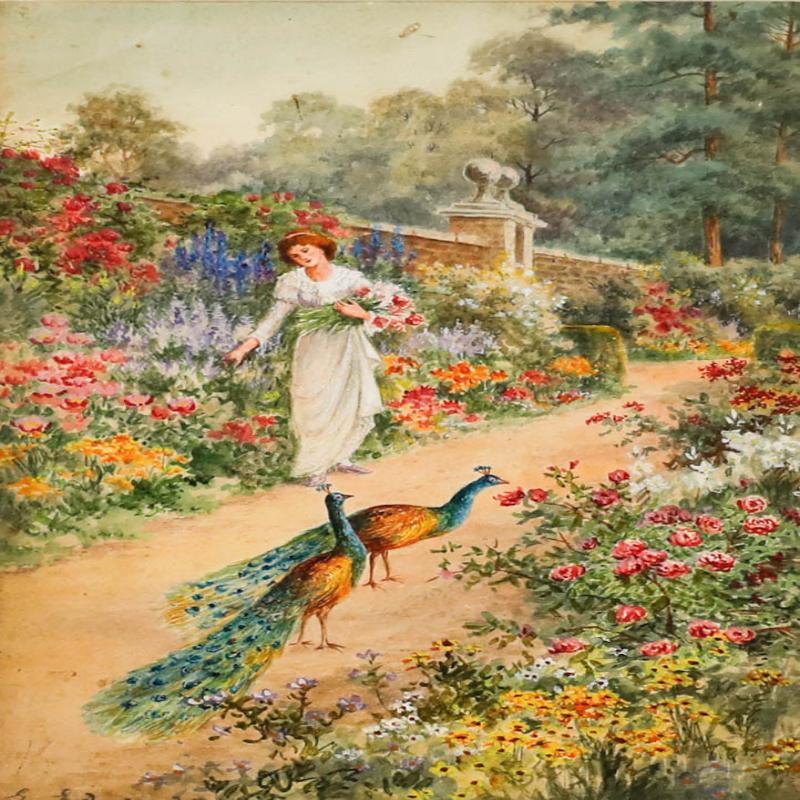 Ellen Edwards  - Aquarelle du XIXe siècle, Paons dans le jardin clos - Art de Unknown