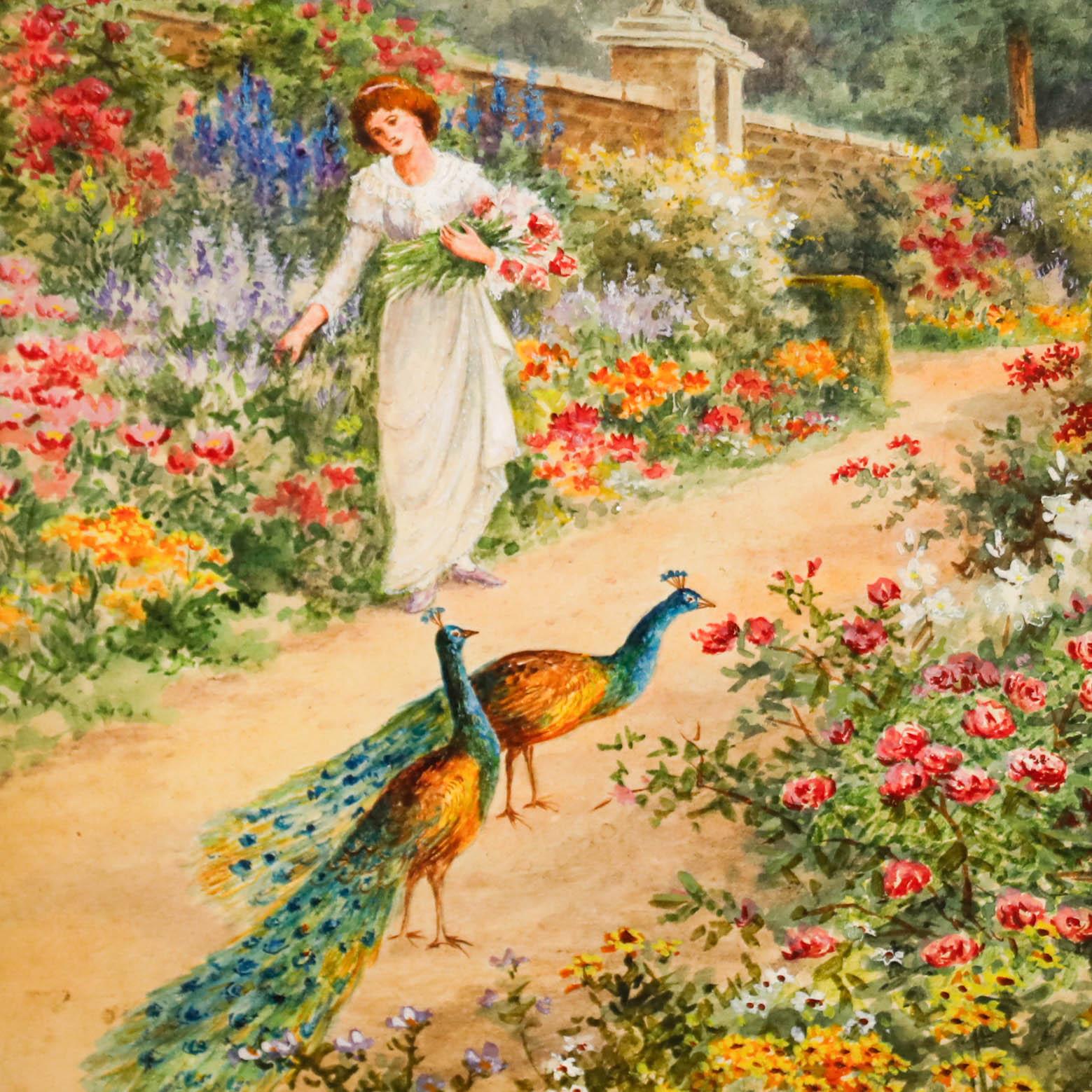 Une charmante aquarelle représentant une femme cueillant des fleurs dans un jardin clos avec des paons au premier plan. Signé en bas à droite. Présenté dans un cadre doré et un montage au lavis. Sur le papier.
