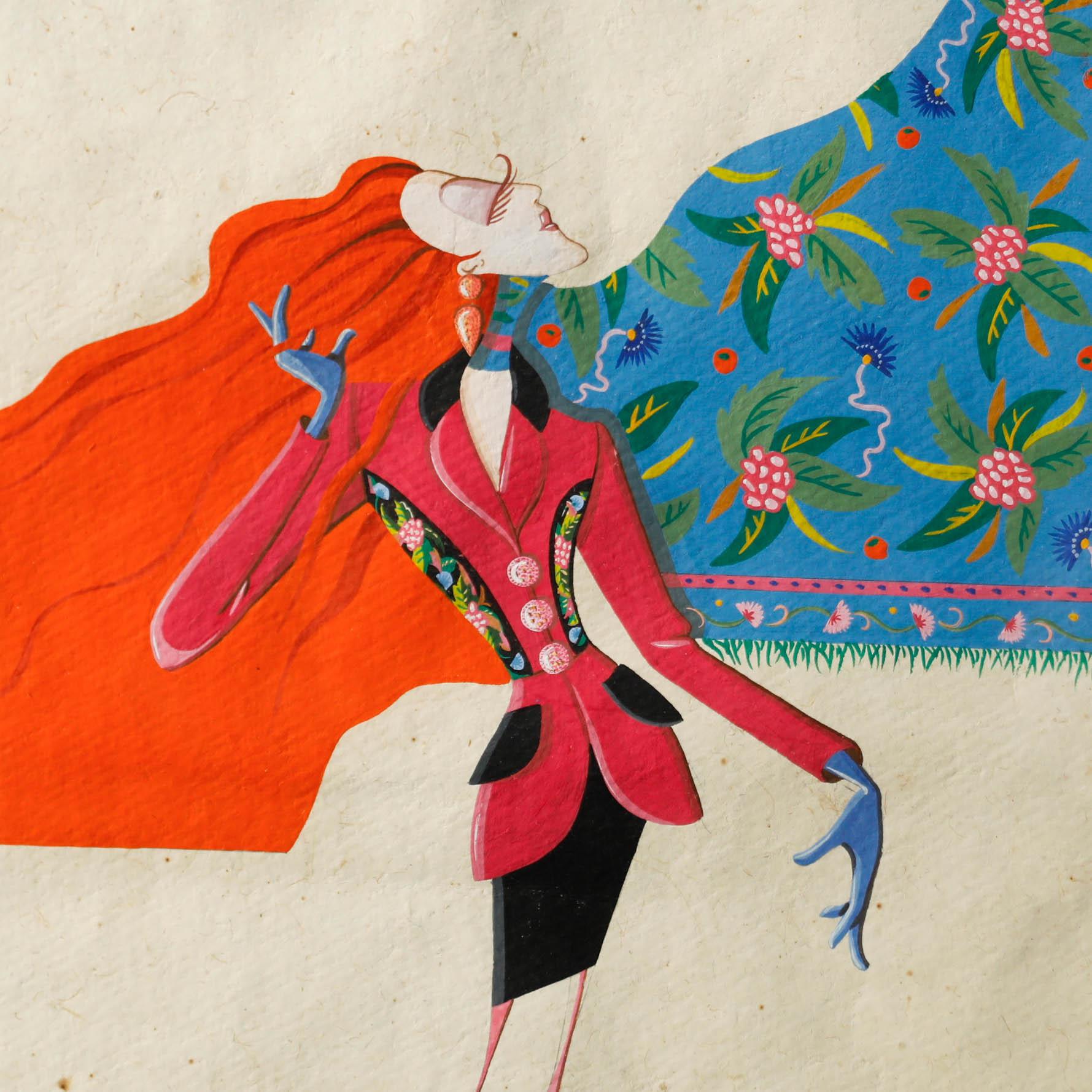 A charming gouache illustration depicting a model in vibrant floral textiles. Presented in a wooden frame. On paper.
