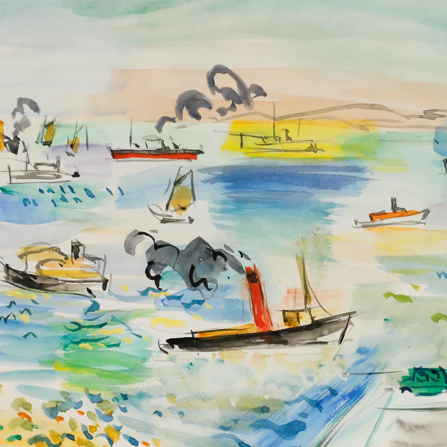 Cette aquarelle vibrante dépeint une scène portuaire animée donnant sur le Tage depuis Cacilhas au Portugal, avec de nombreux bateaux de différentes tailles parsemant un paysage marin coloré. L'artiste utilise un style impressionniste libre avec de