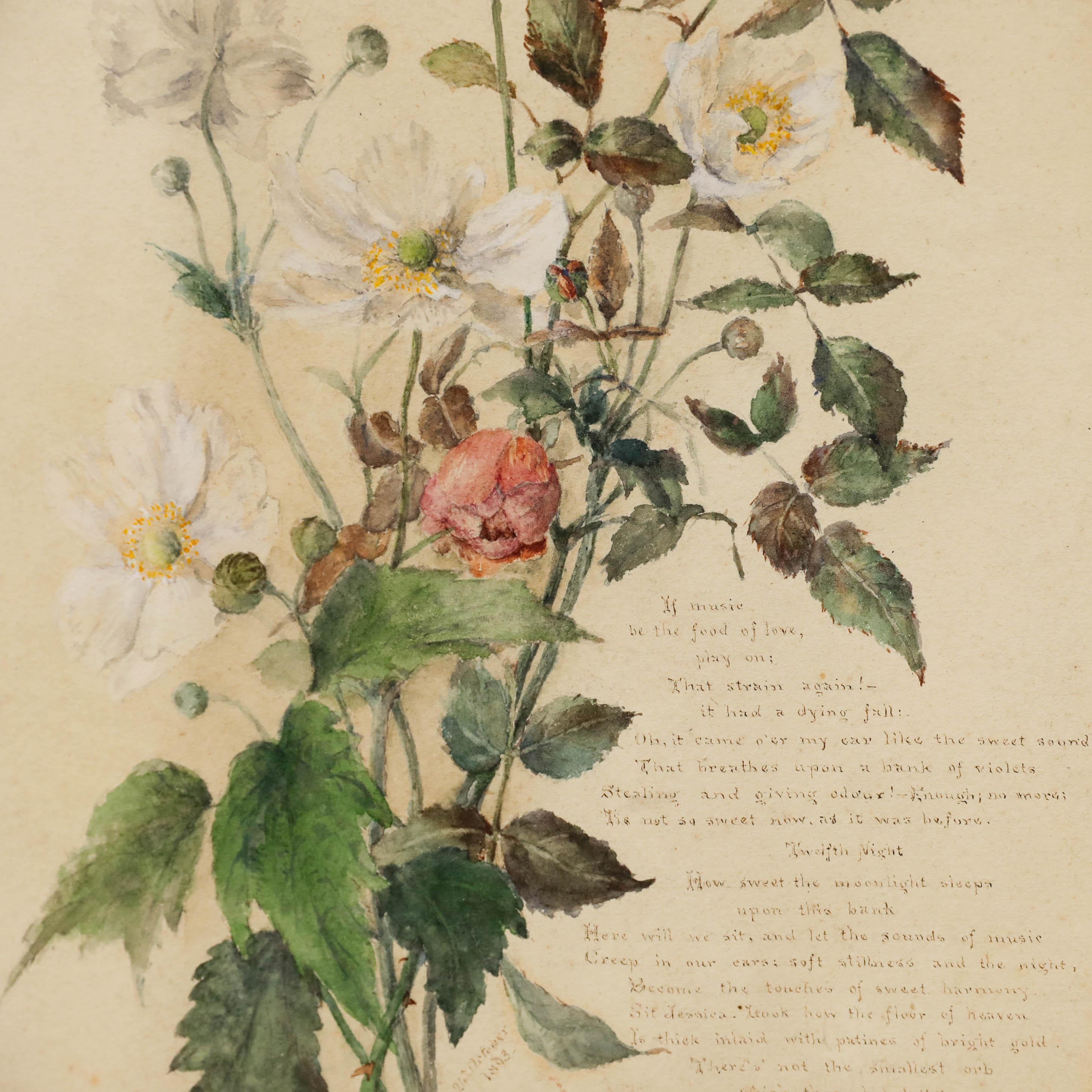 Una delicata illustrazione ad acquerello di rose selvatiche, con un estratto della più famosa 